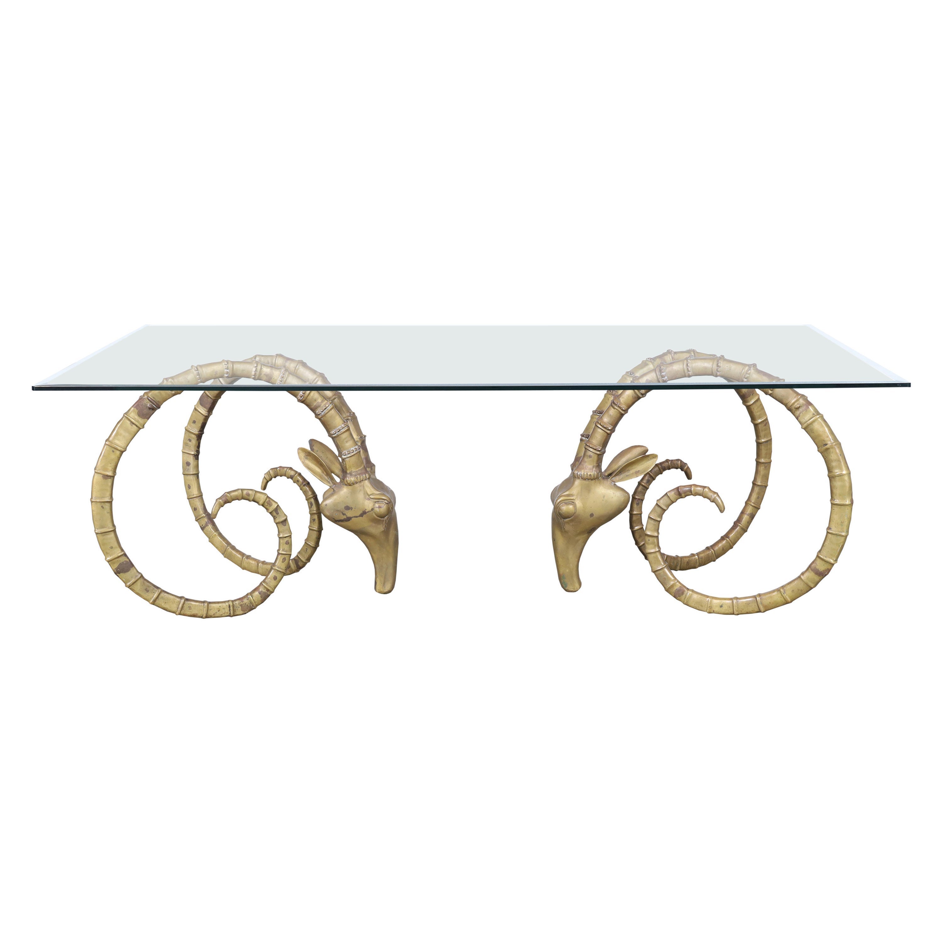 Vintage Brass Ibex Rams Head Dining Table in the Style of Alain Chervet, 1970s