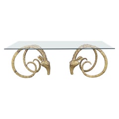 Vintage Brass Ibex Rams Head Dining Table in the Style of Alain Chervet, 1970s