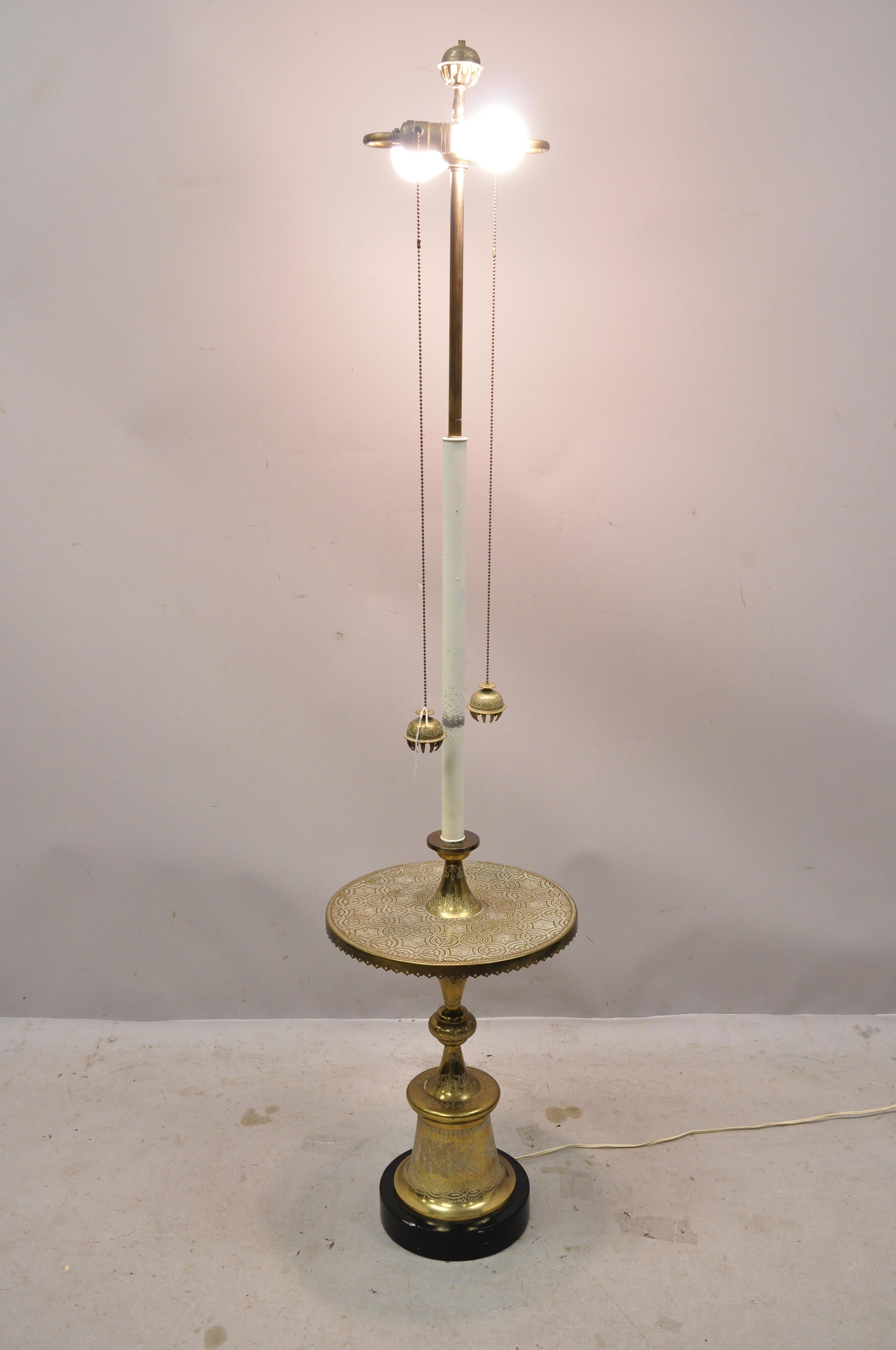 Vintage Brass Indian Moroccan Boho Chic Etched Brass Side Table Pole Floor Lamp 7