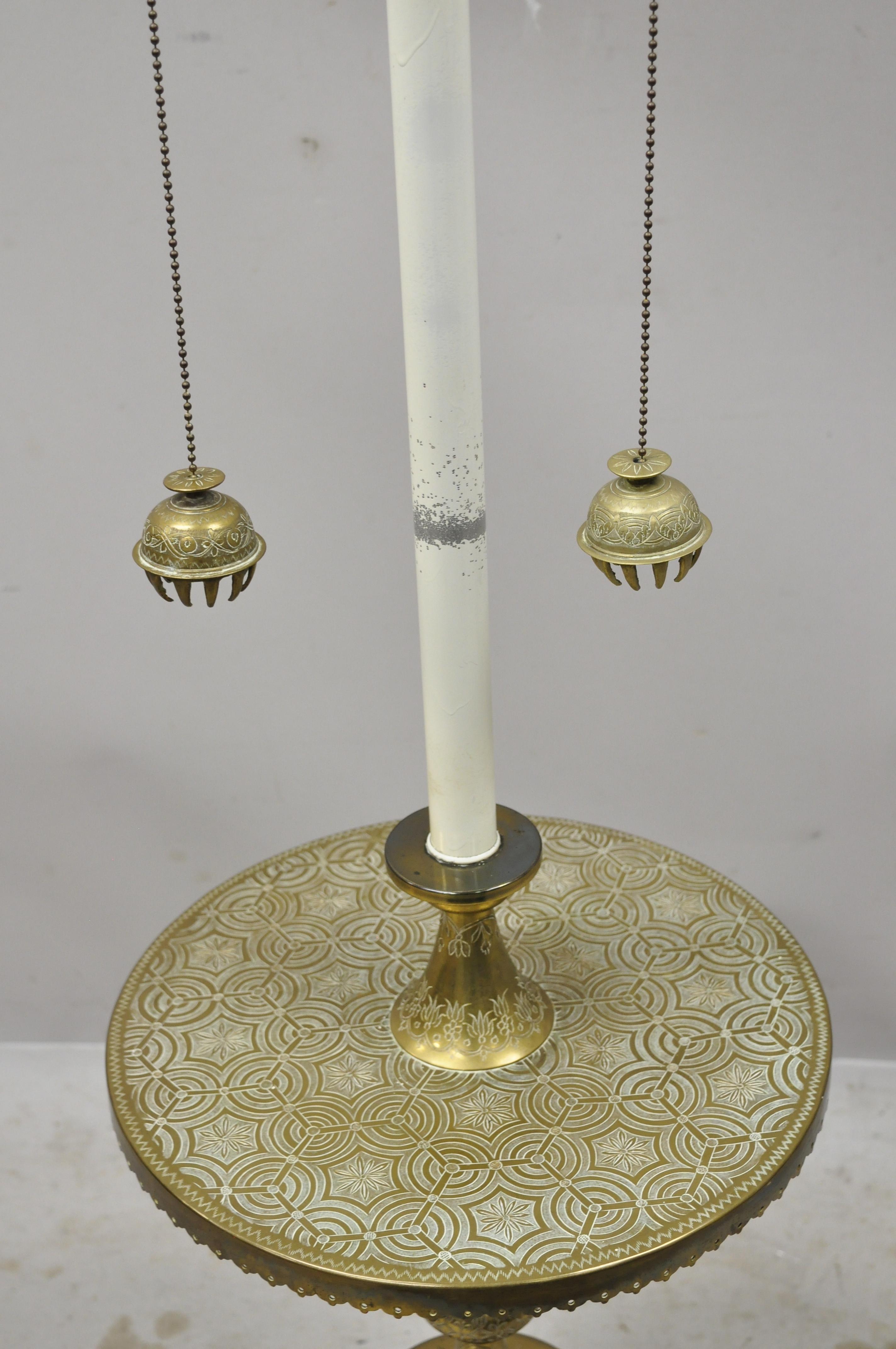 Vintage Brass Indian Moroccan Boho Chic Etched Brass Side Table Pole Floor Lamp 2