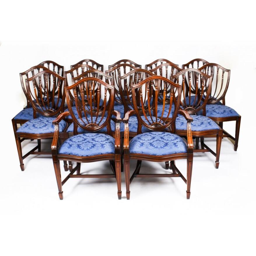 Vintage Brass Inlaid Dining Table & 14 Shield Back Chairs, 20th Century 8