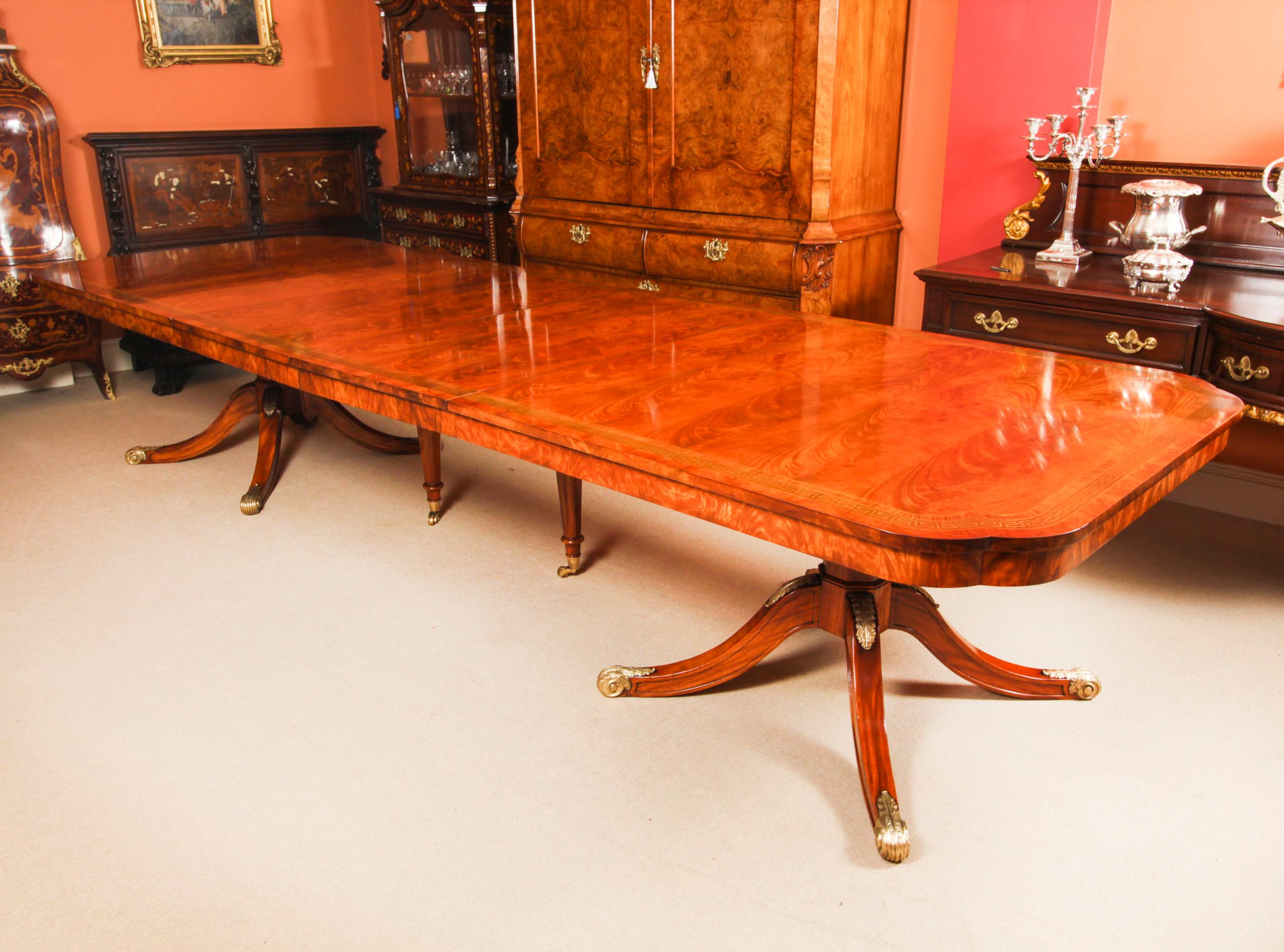 Regency Revival Vintage Brass Inlaid Dining Table & 14 Shield Back Chairs, 20th Century