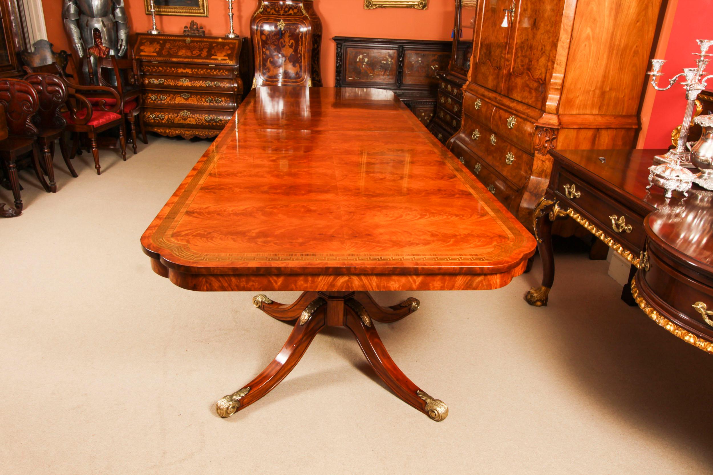 English Vintage Brass Inlaid Dining Table 20th C & 14 Antique Athenian Chairs 19th C For Sale
