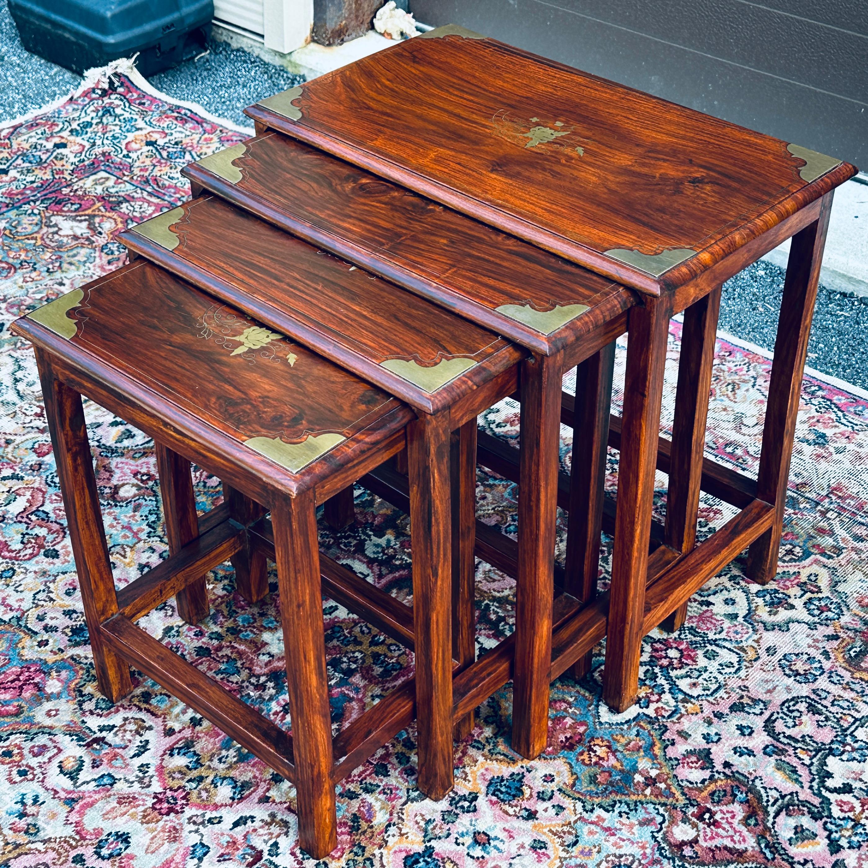 Vintage Brass Inlaid Solid Rosewood Nesting Tables - Set 4 For Sale 4