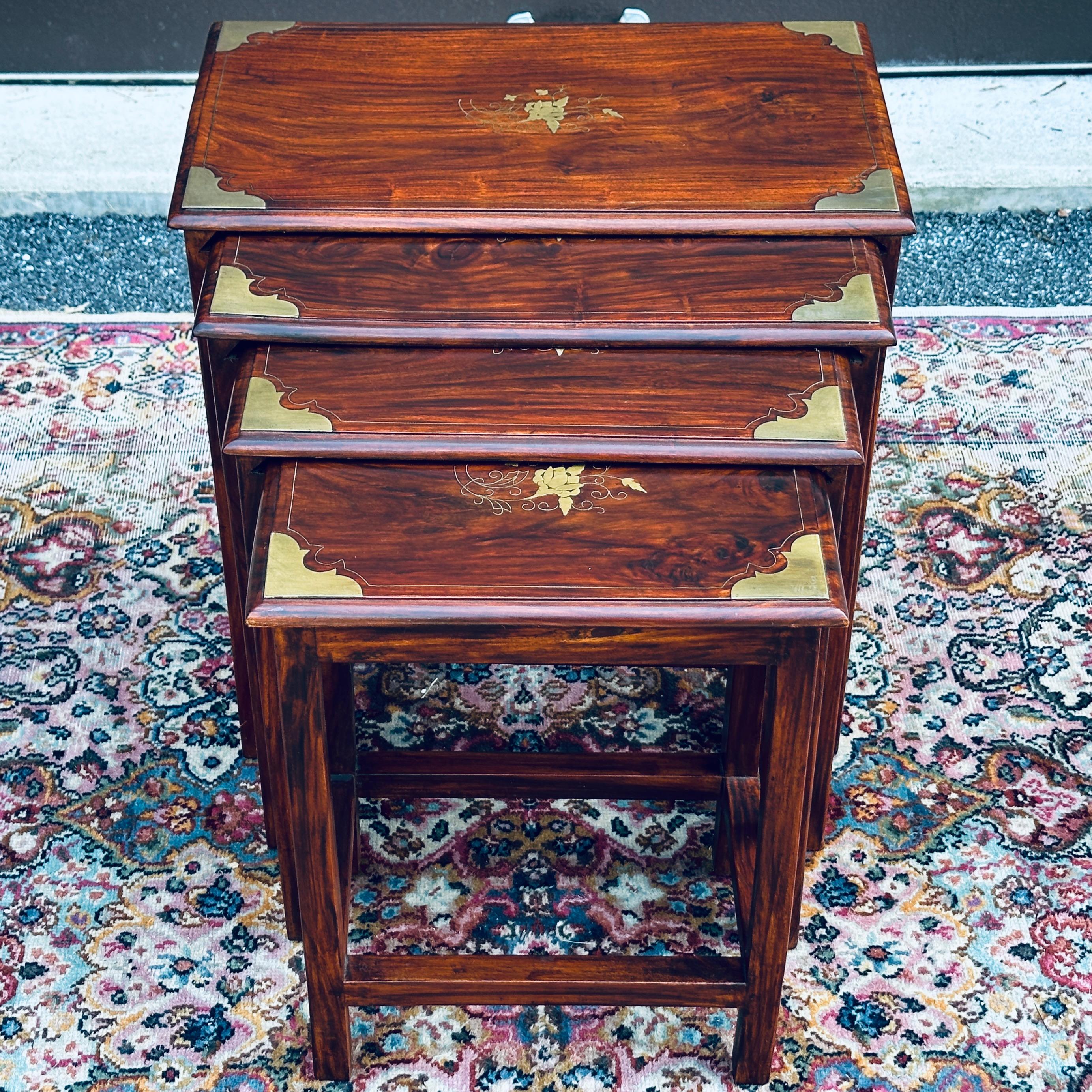 Vintage Brass Inlaid Solid Rosewood Nesting Tables - Set 4 For Sale 5