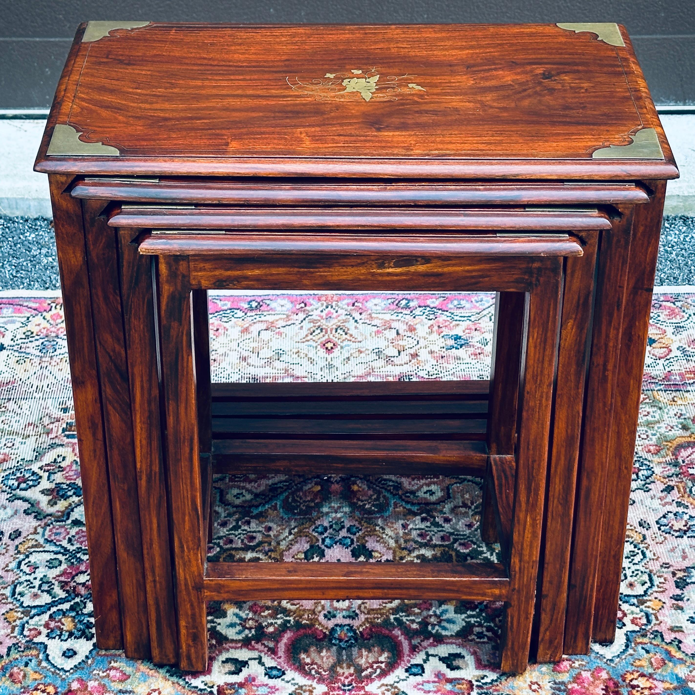 Vintage Brass Inlaid Solid Rosewood Nesting Tables - Set 4 For Sale 6