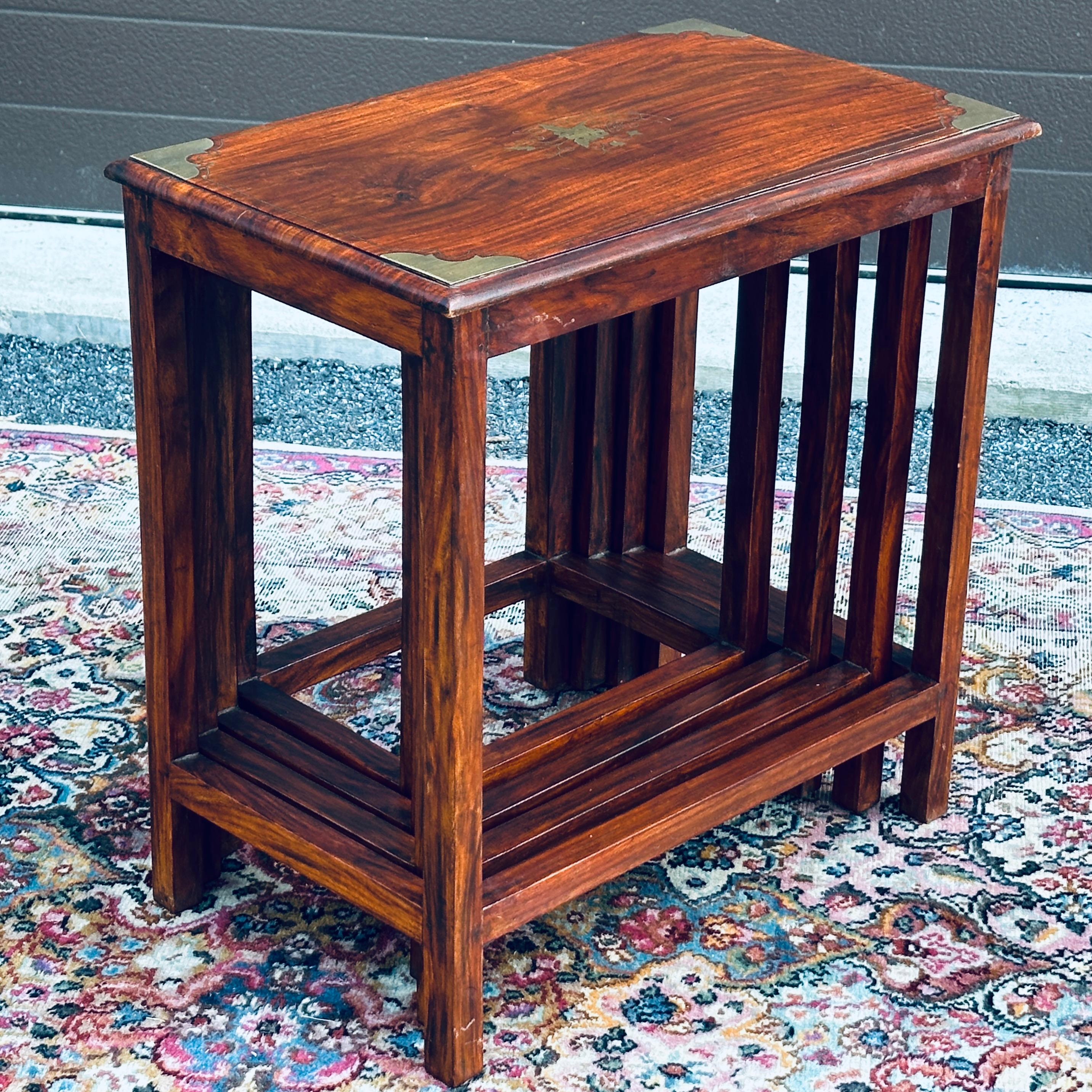 Vintage Brass Inlaid Solid Rosewood Nesting Tables - Set 4 For Sale 7