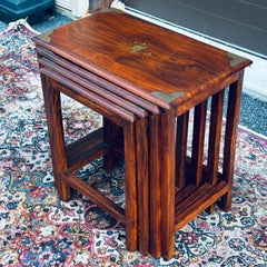 Vintage Brass Inlaid Solid Rosewood Nesting Tables - Set 4