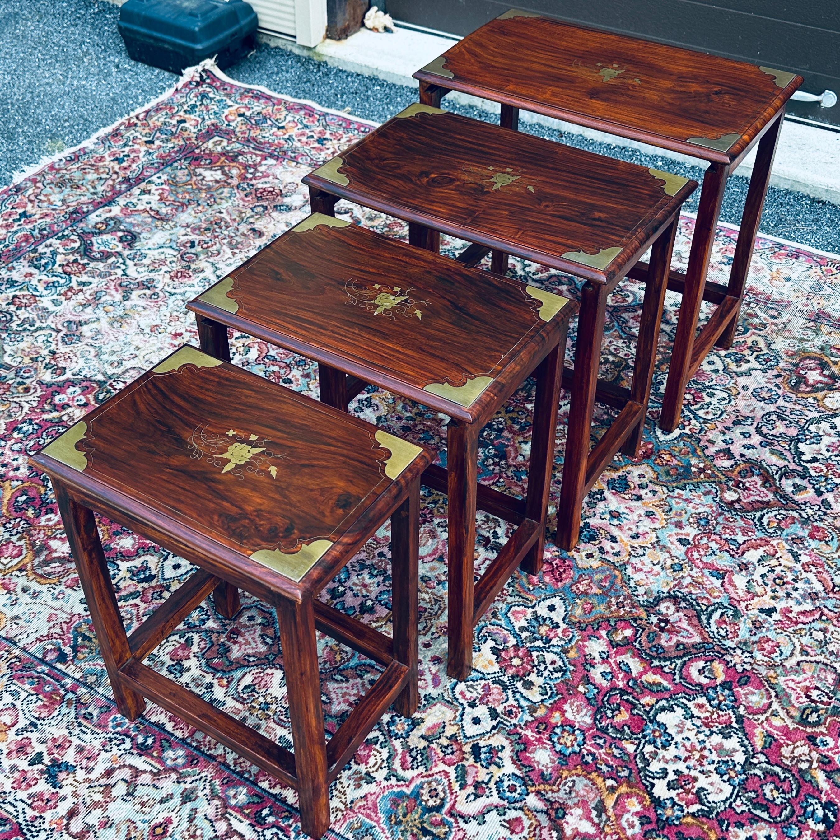 Anglo-Indian Vintage Brass Inlaid Solid Rosewood Nesting Tables - Set 4 For Sale