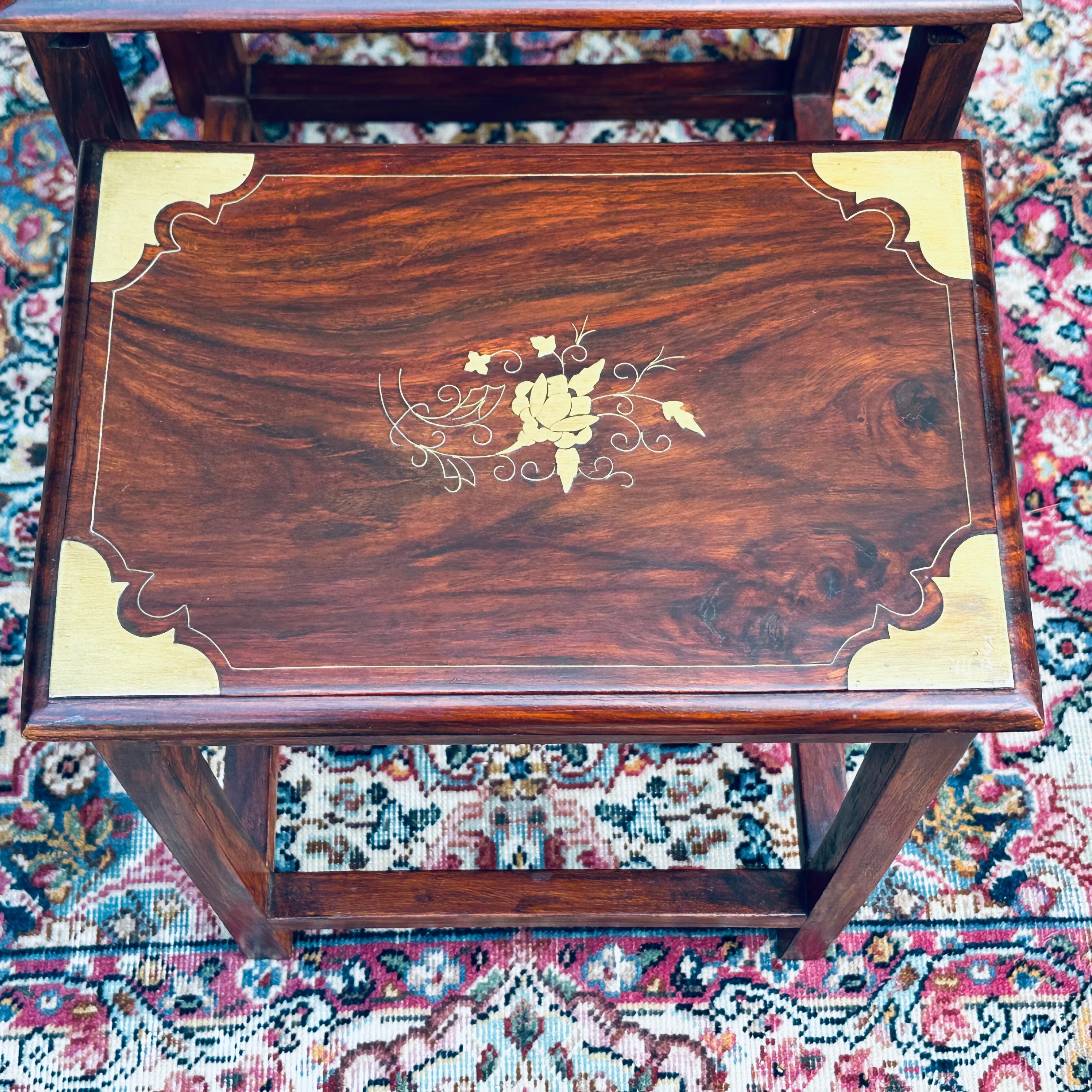 Hong Kong Vintage Brass Inlaid Solid Rosewood Nesting Tables - Set 4 For Sale