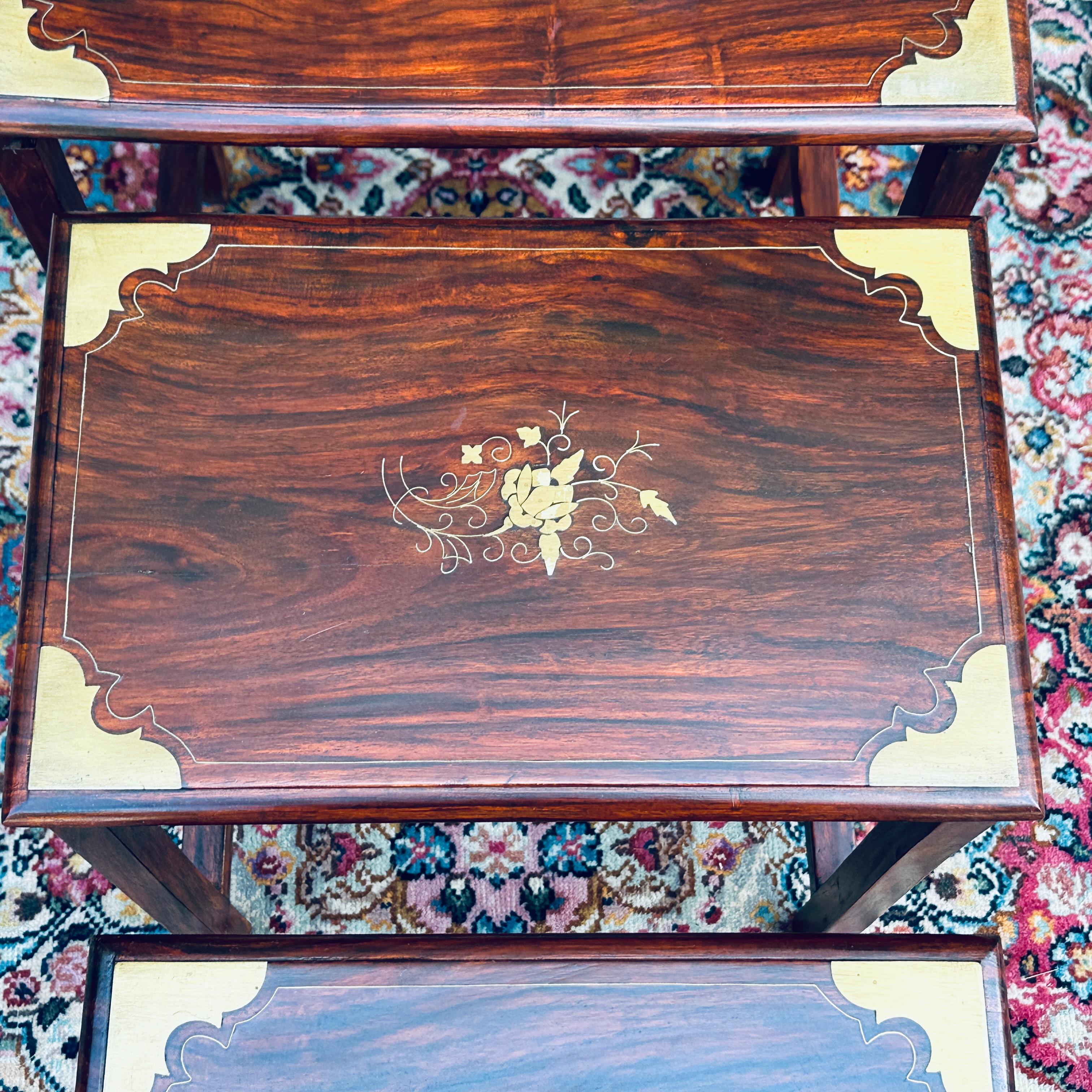 Vintage Brass Inlaid Solid Rosewood Nesting Tables - Set 4 In Good Condition For Sale In West Chester, PA