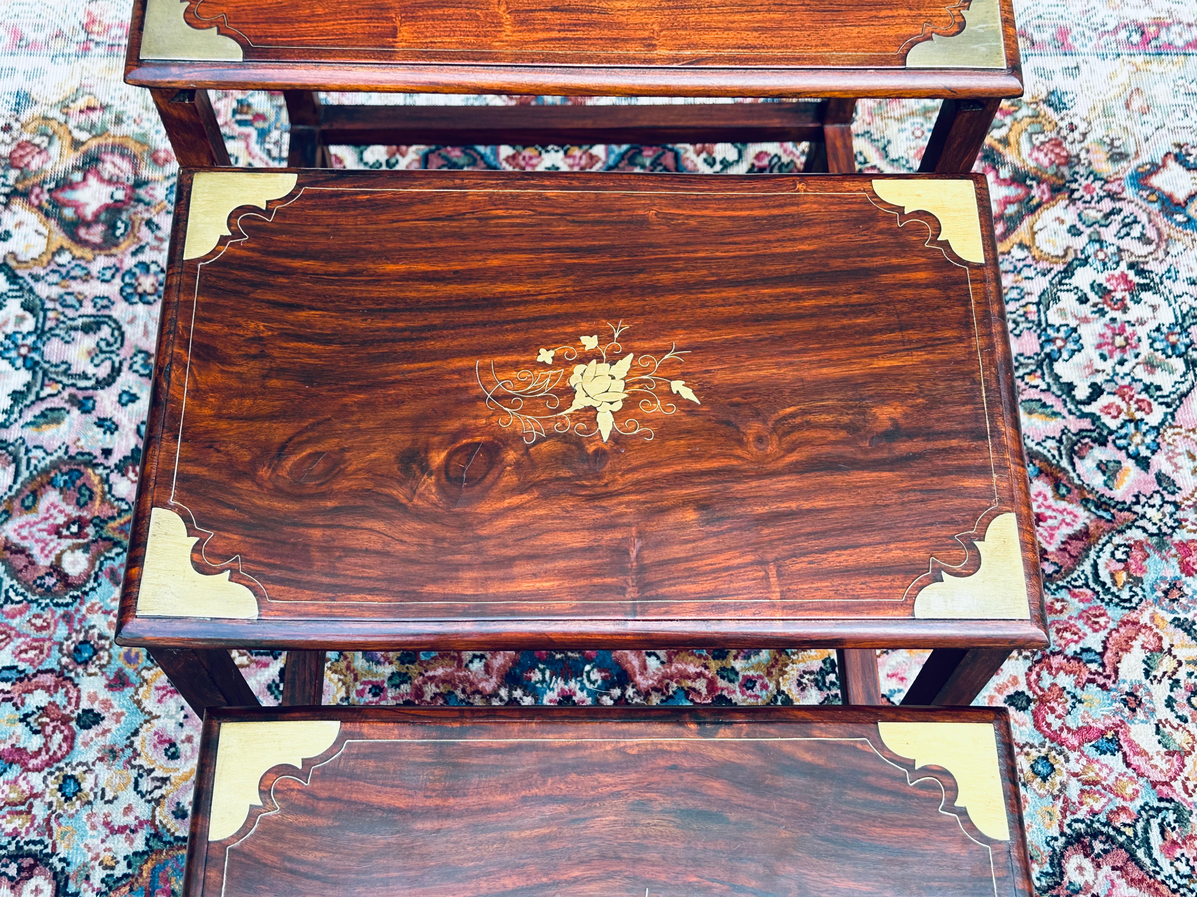 20th Century Vintage Brass Inlaid Solid Rosewood Nesting Tables - Set 4 For Sale