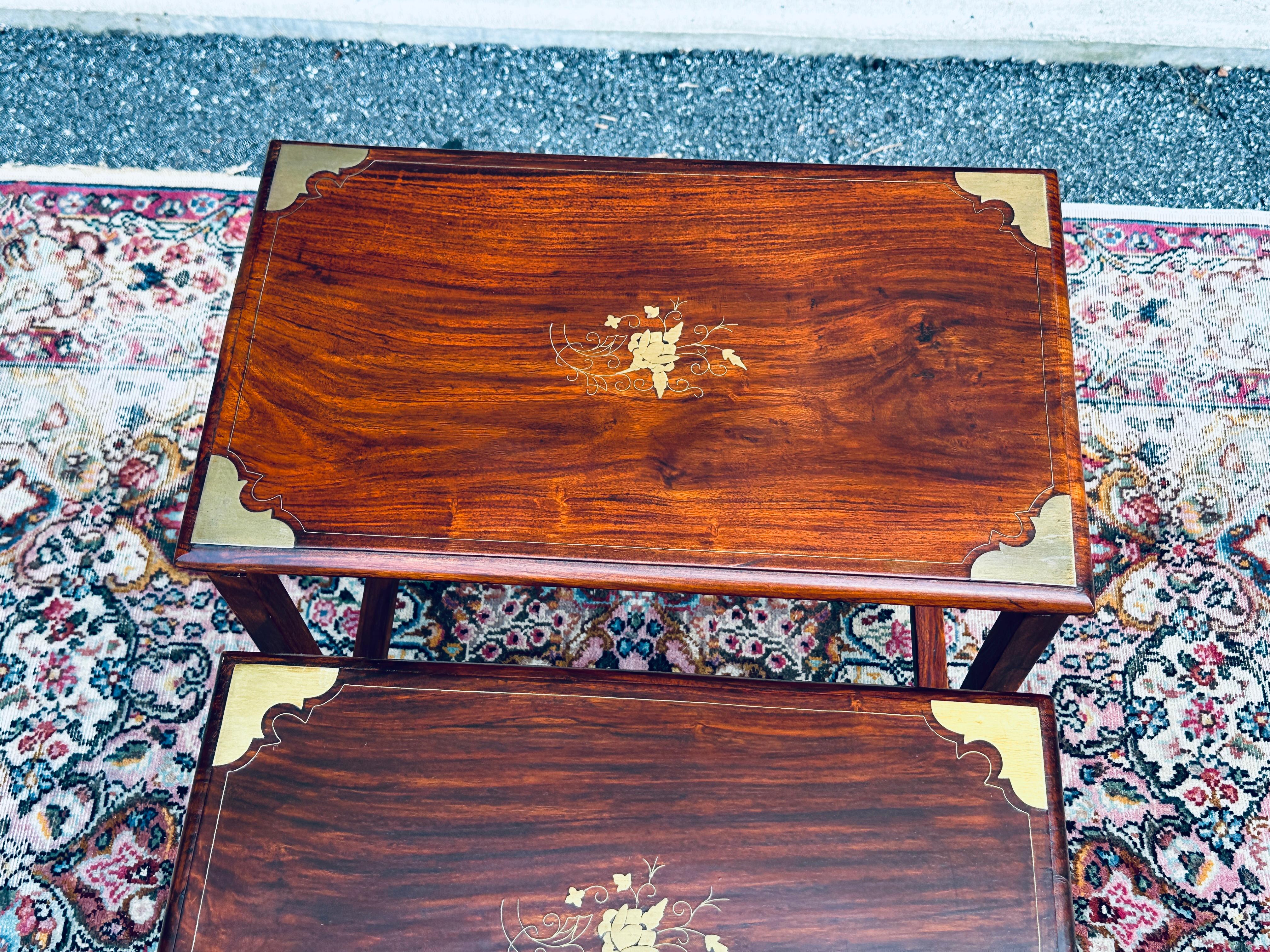 Vintage Brass Inlaid Solid Rosewood Nesting Tables - Set 4 For Sale 1