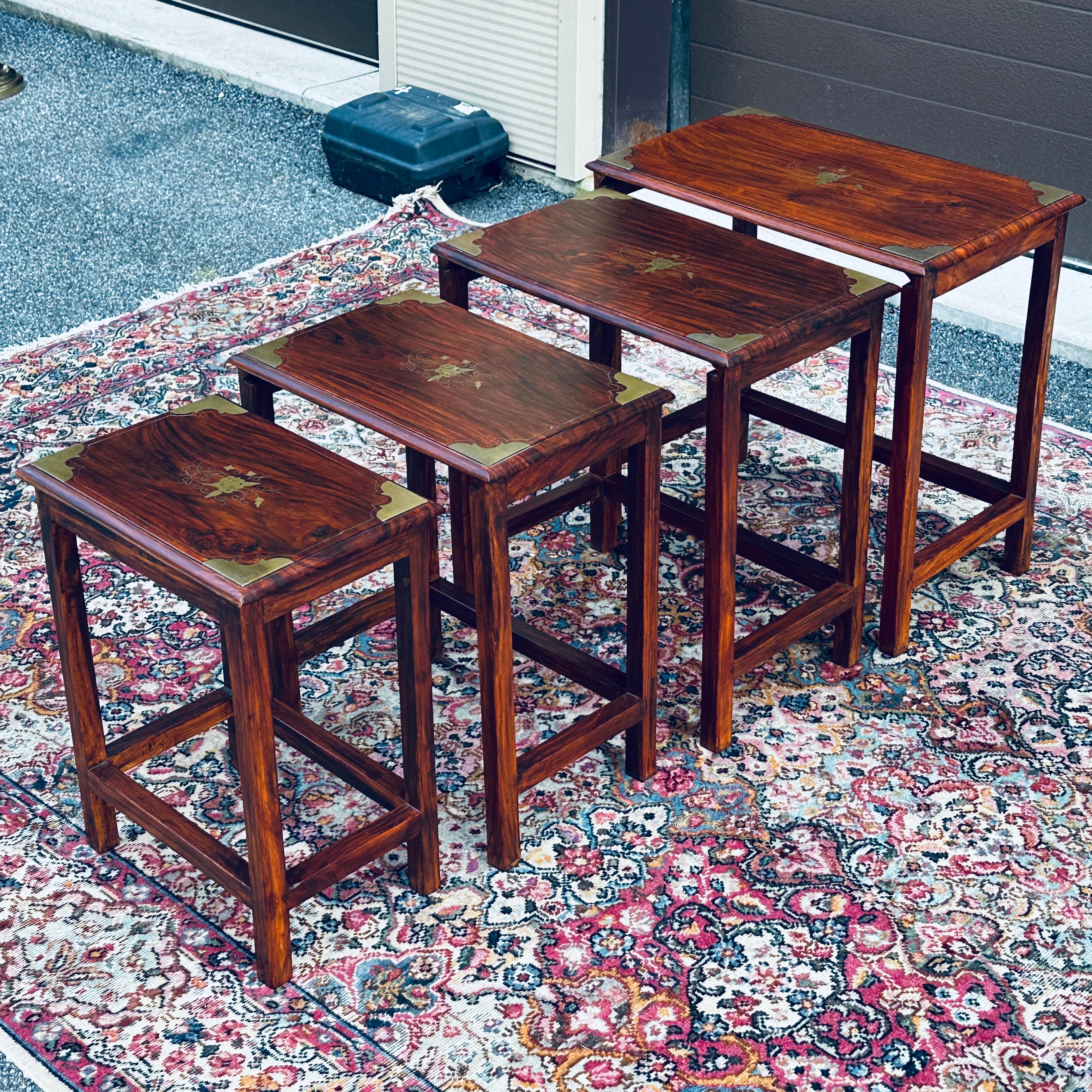 Vintage Brass Inlaid Solid Rosewood Nesting Tables - Set 4 For Sale 3