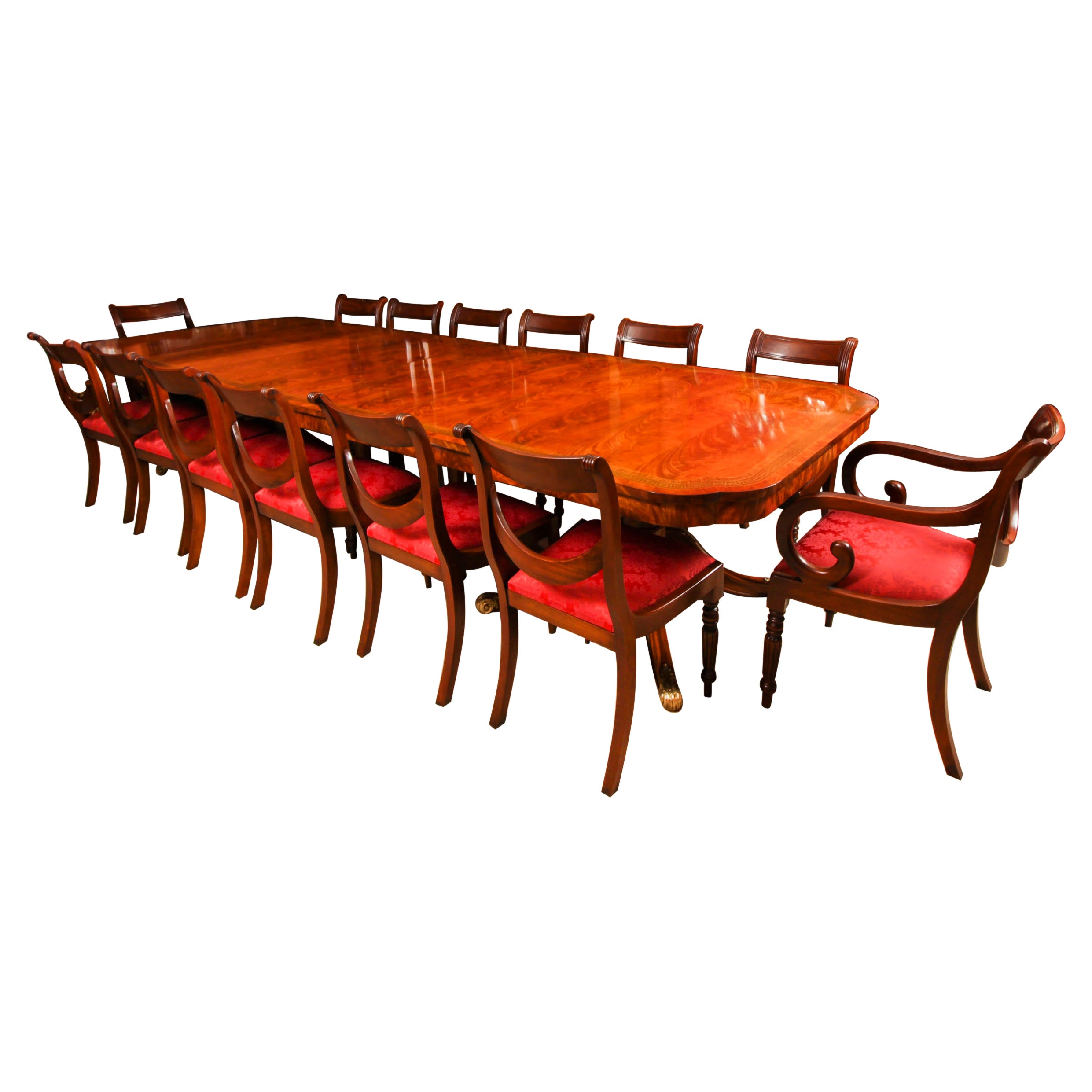 Vintage Brass Inlaid Twin Pillar Dining Table 
14 Swag Back Chairs 20th C