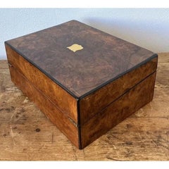 Vintage Brass Inlay Burl Wood Traveling Writing Desk Box