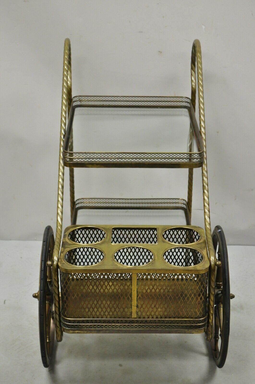 Vintage Brass Italian Hollywood Regency Modern Bronze 2 Tier Bar Cart Trolley In Good Condition In Philadelphia, PA