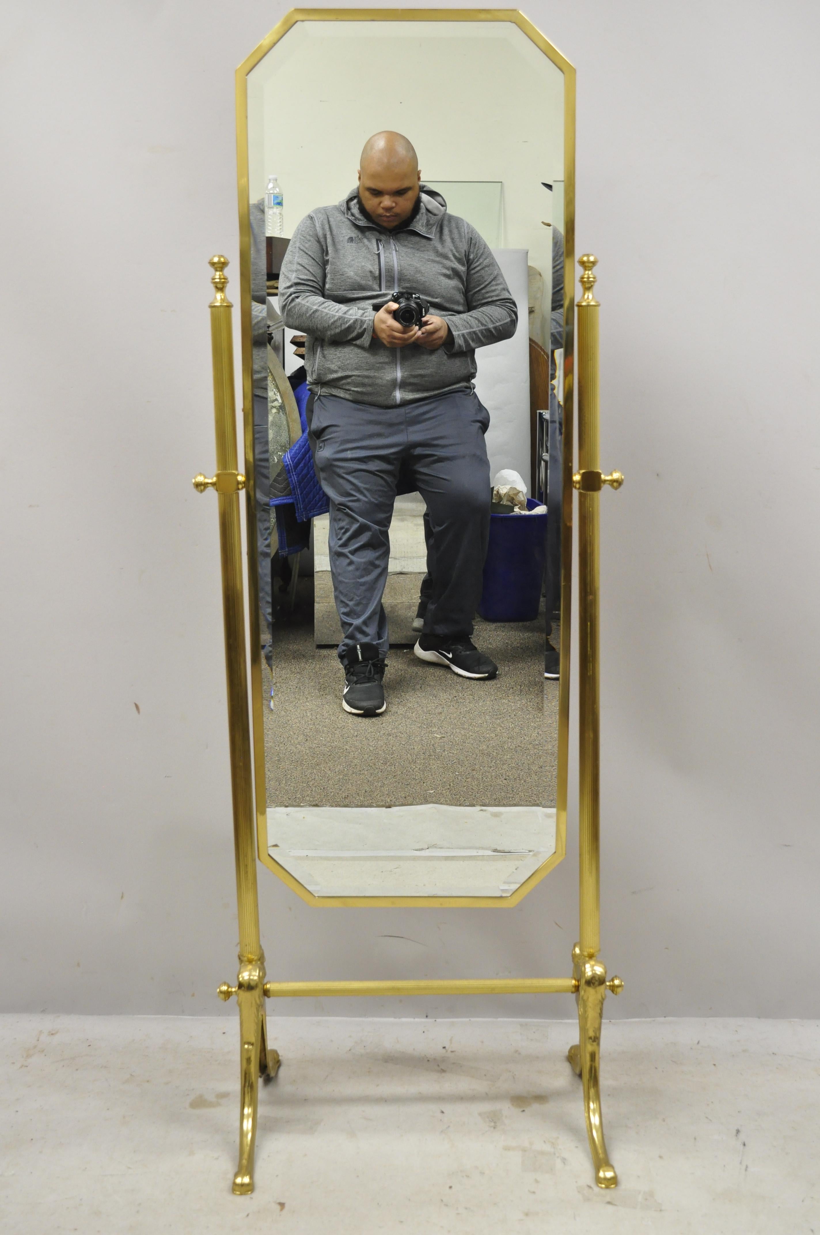 Vintage Brass Italian Neoclassical Cheval Standing Dressing Floor Beveled Mirror 5