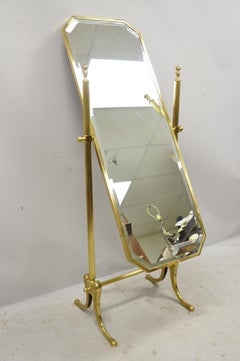 Vintage Brass Italian Neoclassical Cheval Standing Dressing Floor Beveled Mirror