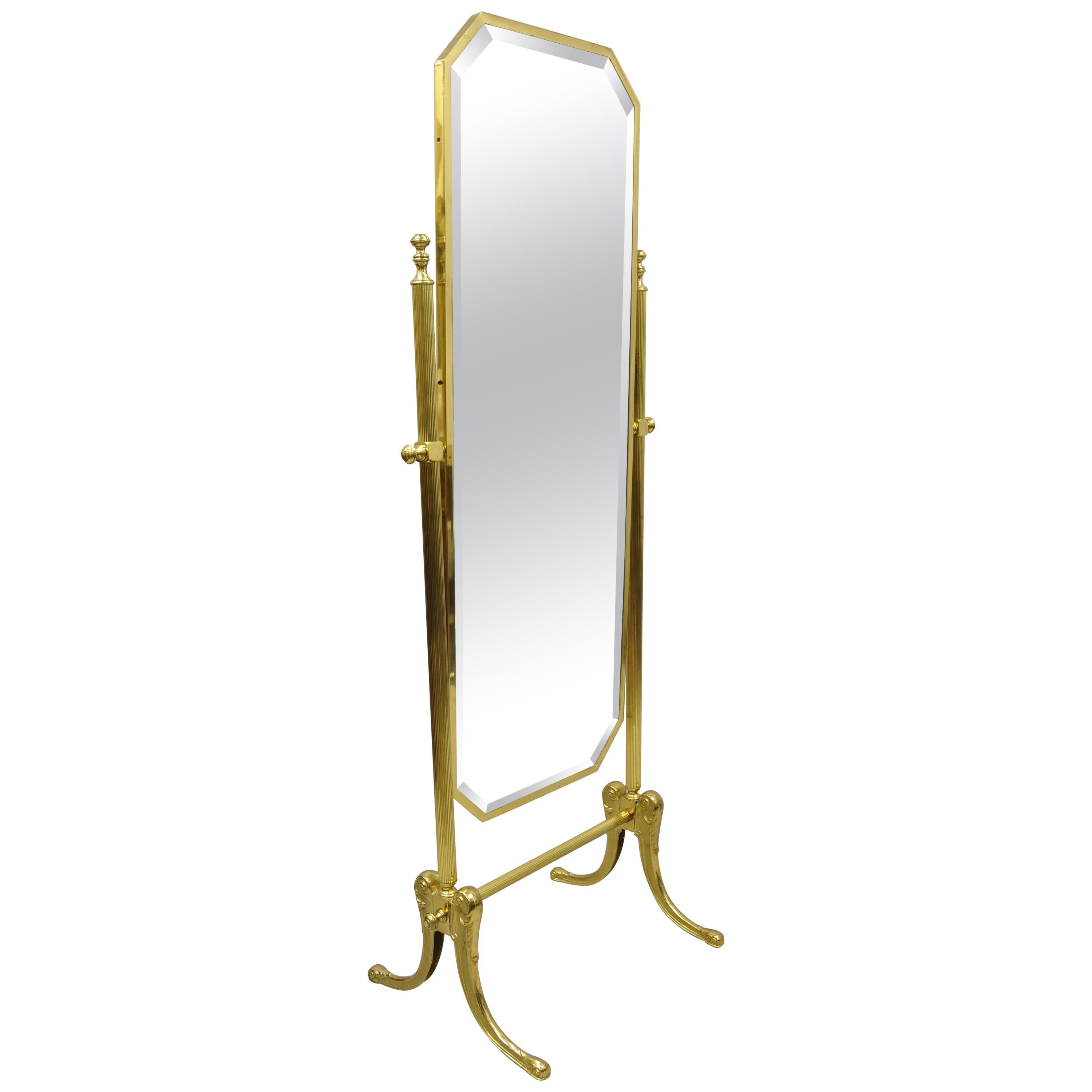 Vintage Brass Italian Neoclassical Cheval Standing Dressing Floor Beveled Mirror