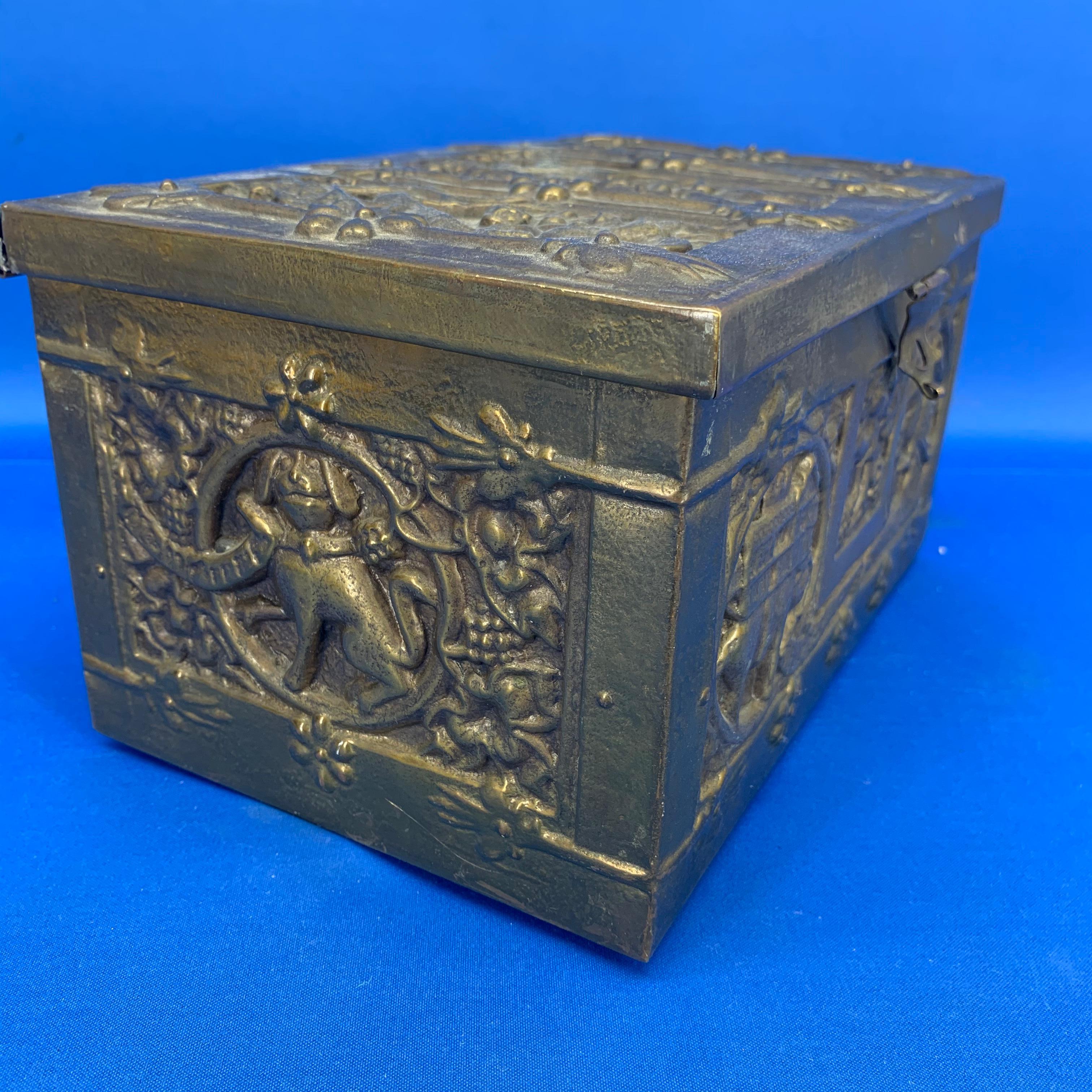 Baroque Vintage Brass Jewelry Box With Religious Scenes