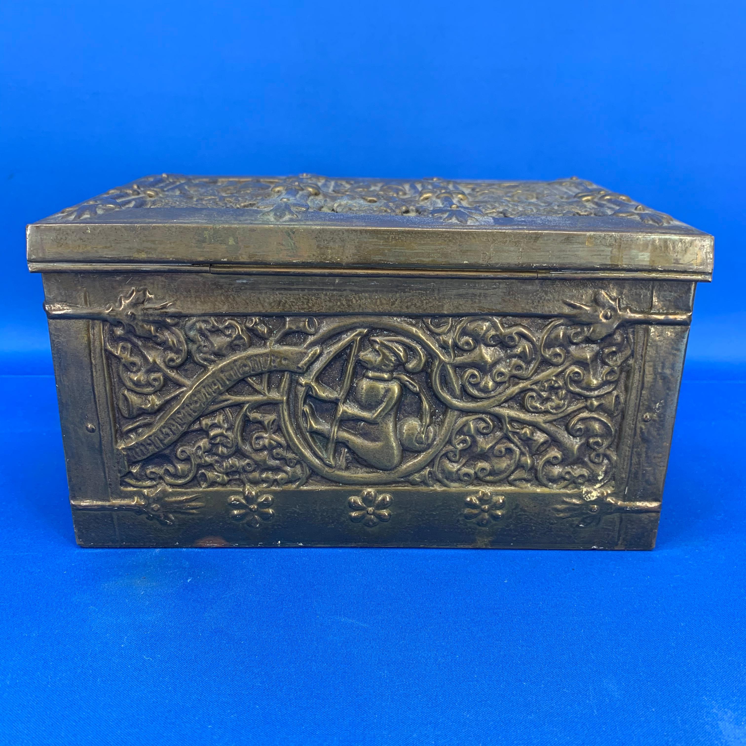 European Vintage Brass Jewelry Box With Religious Scenes
