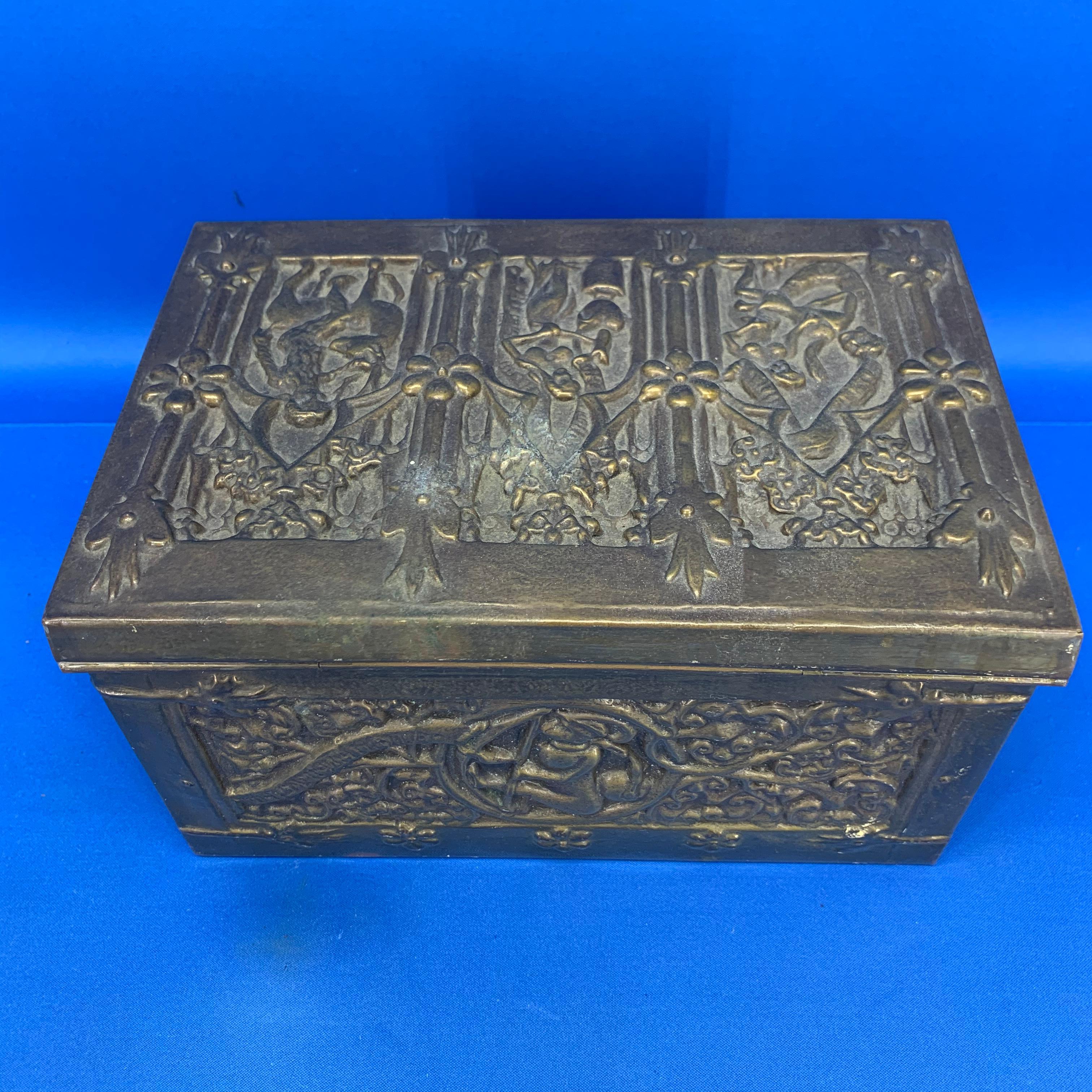 Pressed Vintage Brass Jewelry Box With Religious Scenes