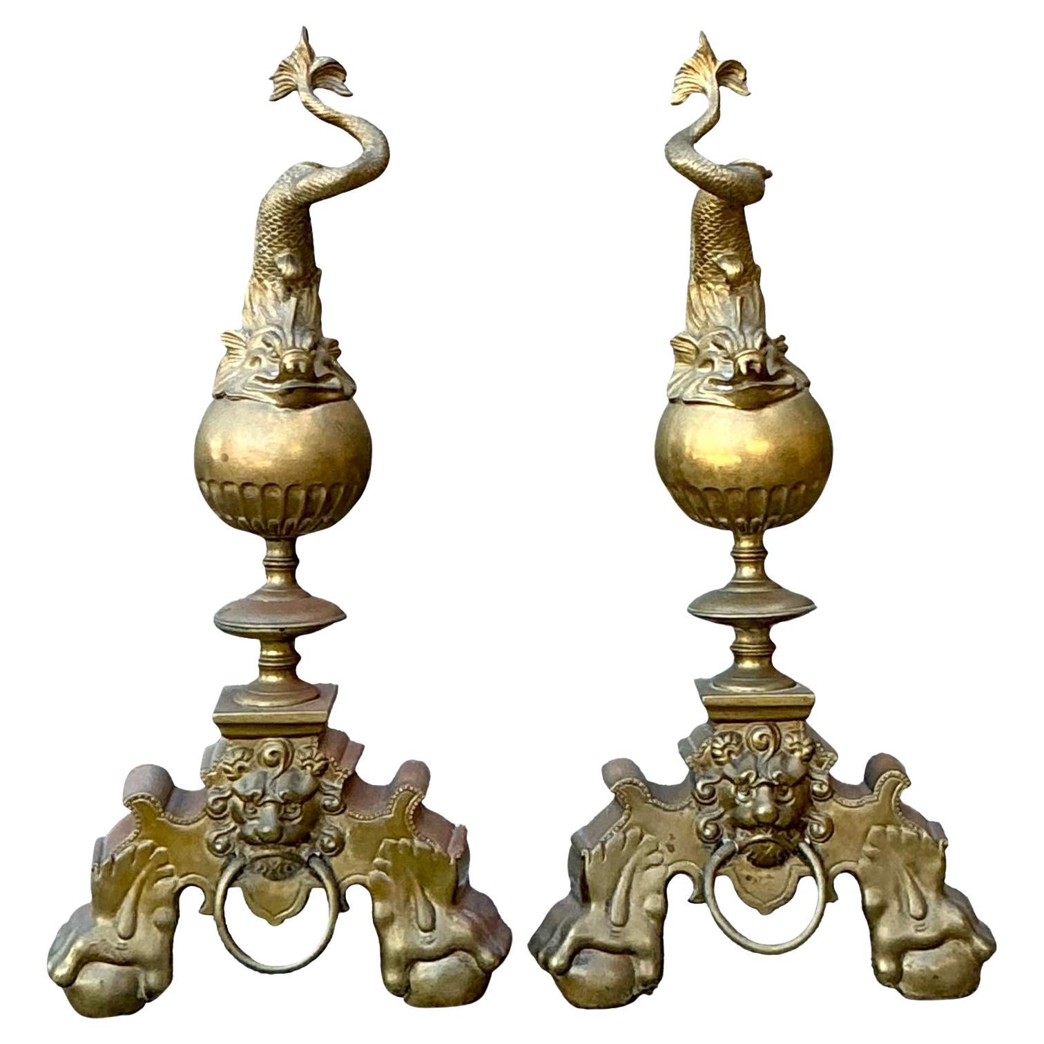 Vintage Messing Koi Andirons - ein Paar