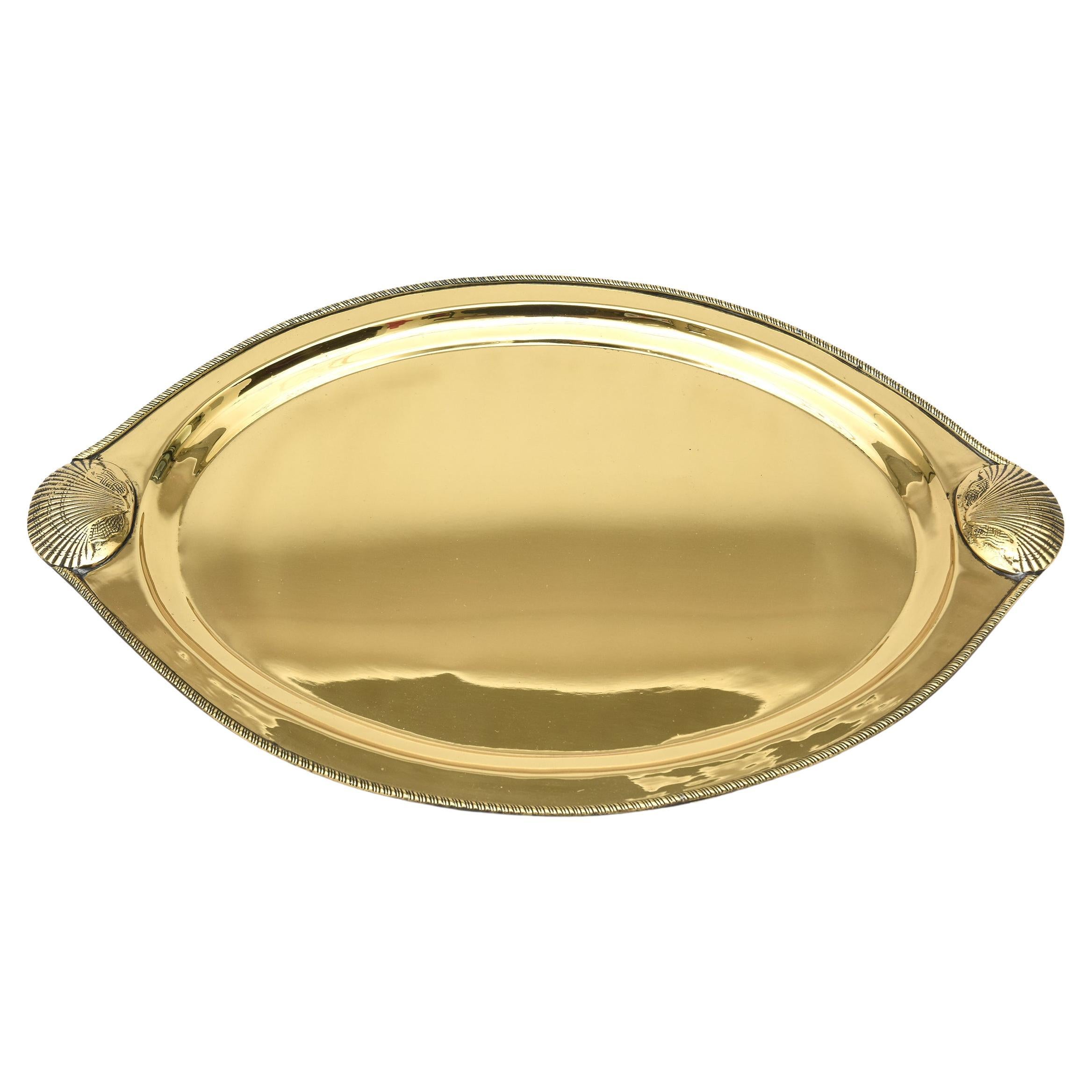 Vintage Brass Large Oval Shell Design Tray Barware For Sale