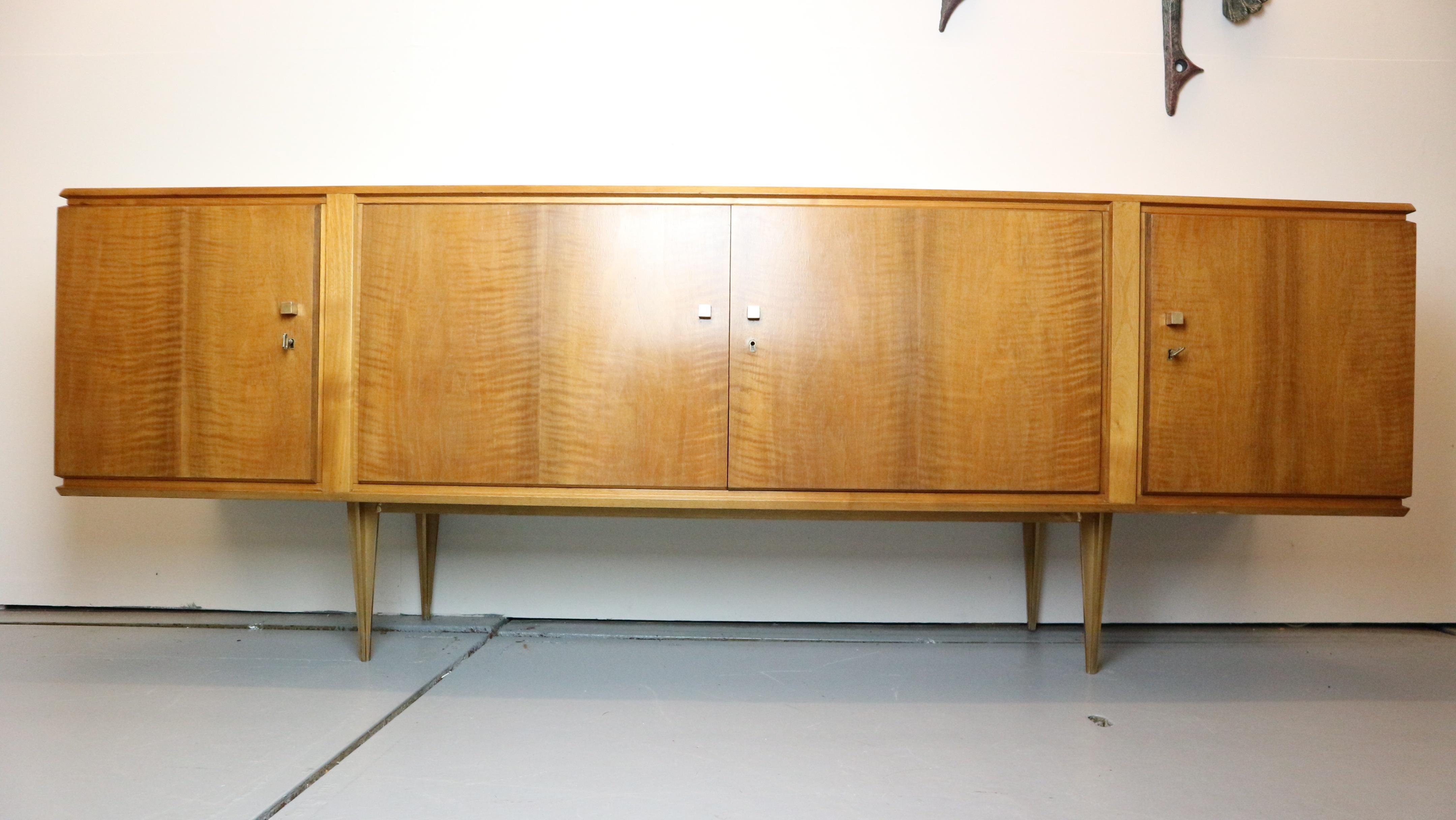 Mid-Century Modern Vintage brass / light wood exclusive sideboard with drawers and shelves, 1960s For Sale