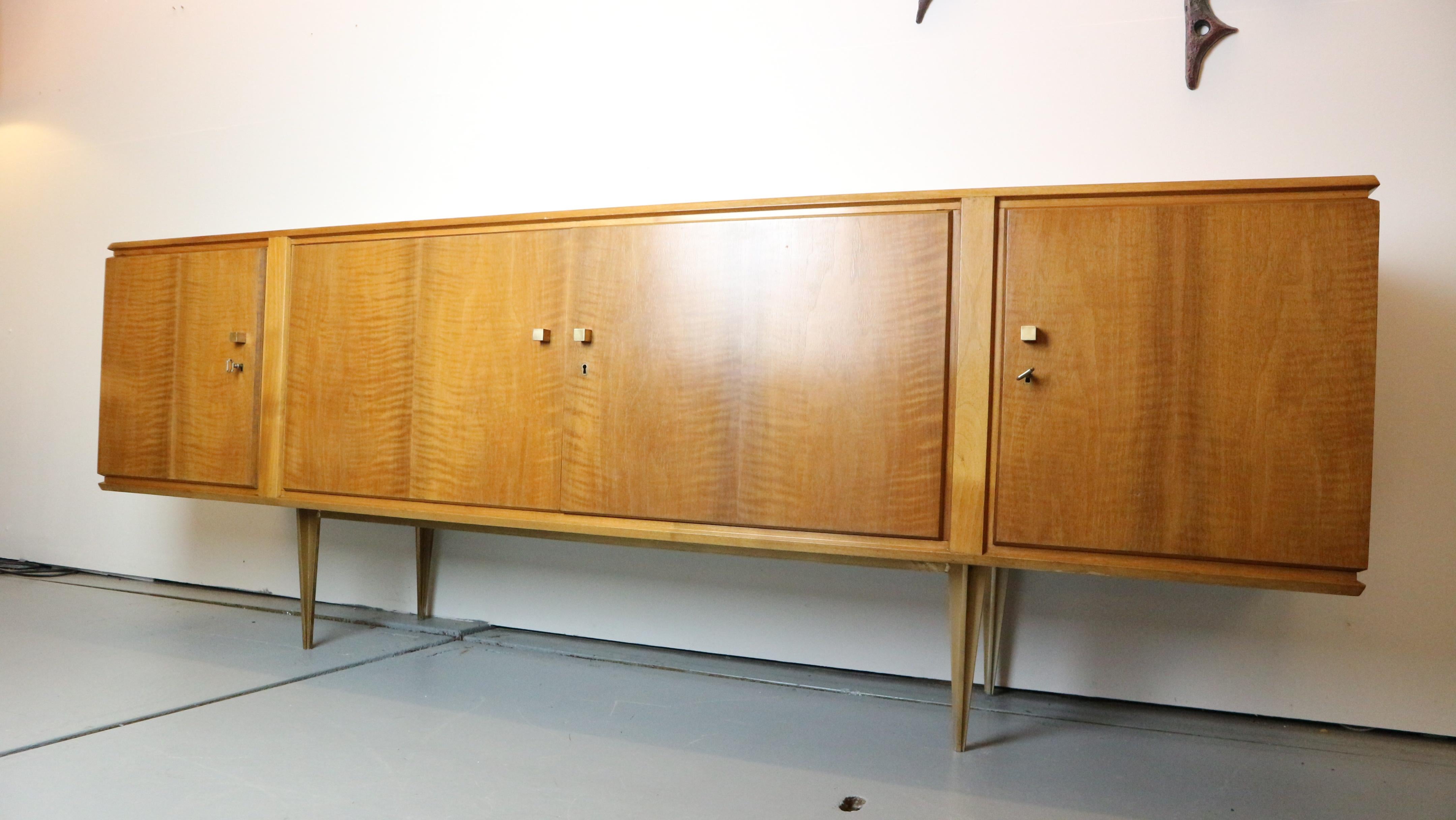Dutch Vintage brass / light wood exclusive sideboard with drawers and shelves, 1960s For Sale
