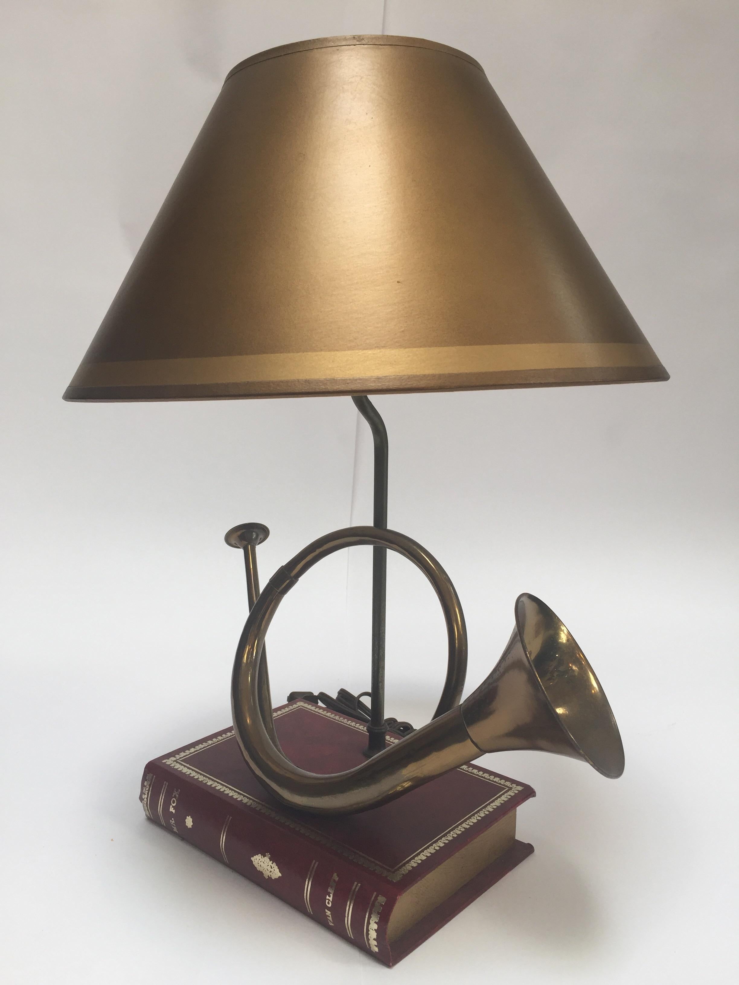 American Vintage Brass Looped Hunter's Horn Bugle Made into a Table Lamp by Robert Abbey For Sale