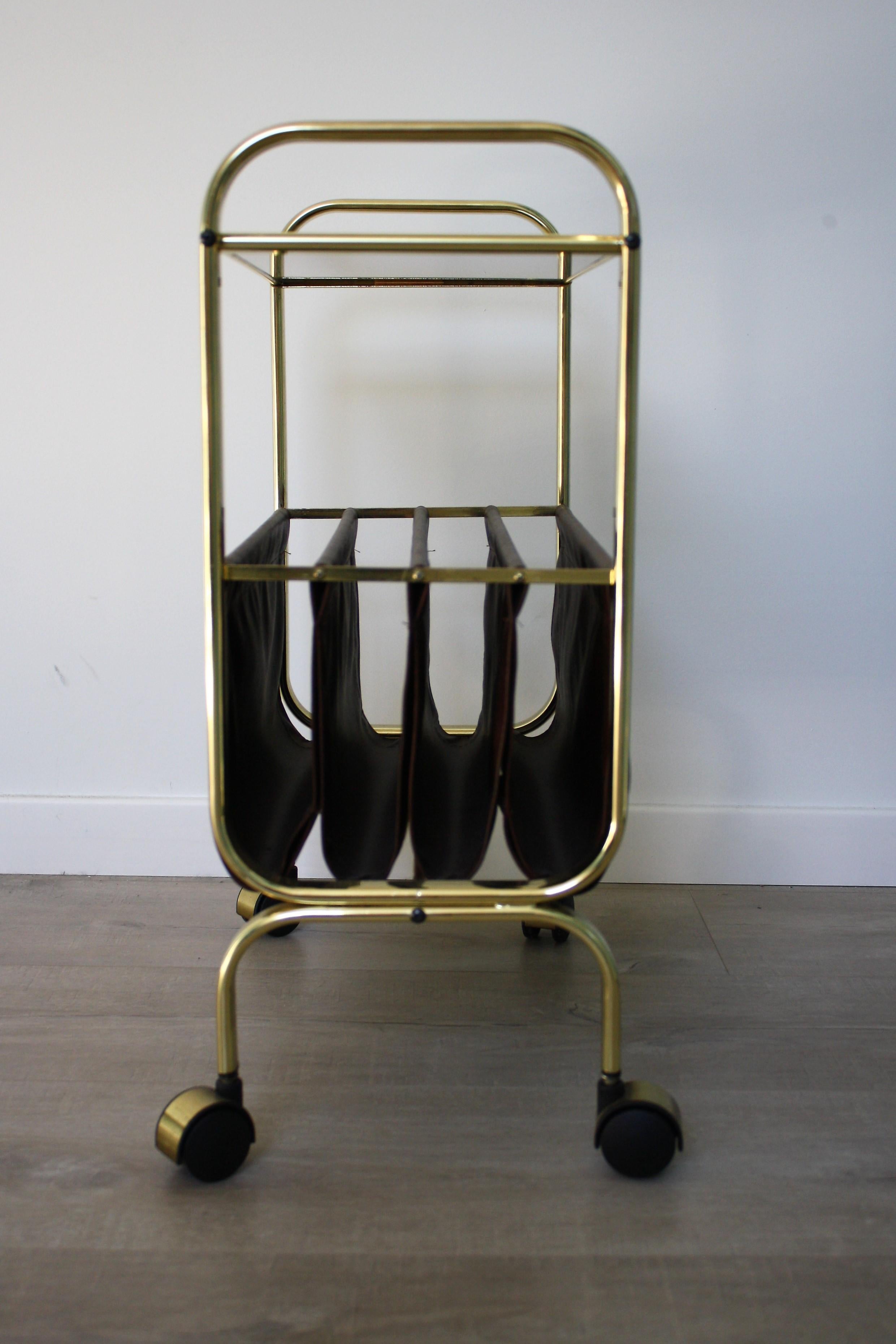 Belgian Vintage Brass Magazine Rack or Side Table with Glass, 1970s Belgium