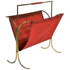 Vintage Brass Magazine Rack with Red Vinyl, 1960s