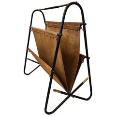 Vintage Brass, Metal and Brown Suede Magazine Rack, circa 1970s