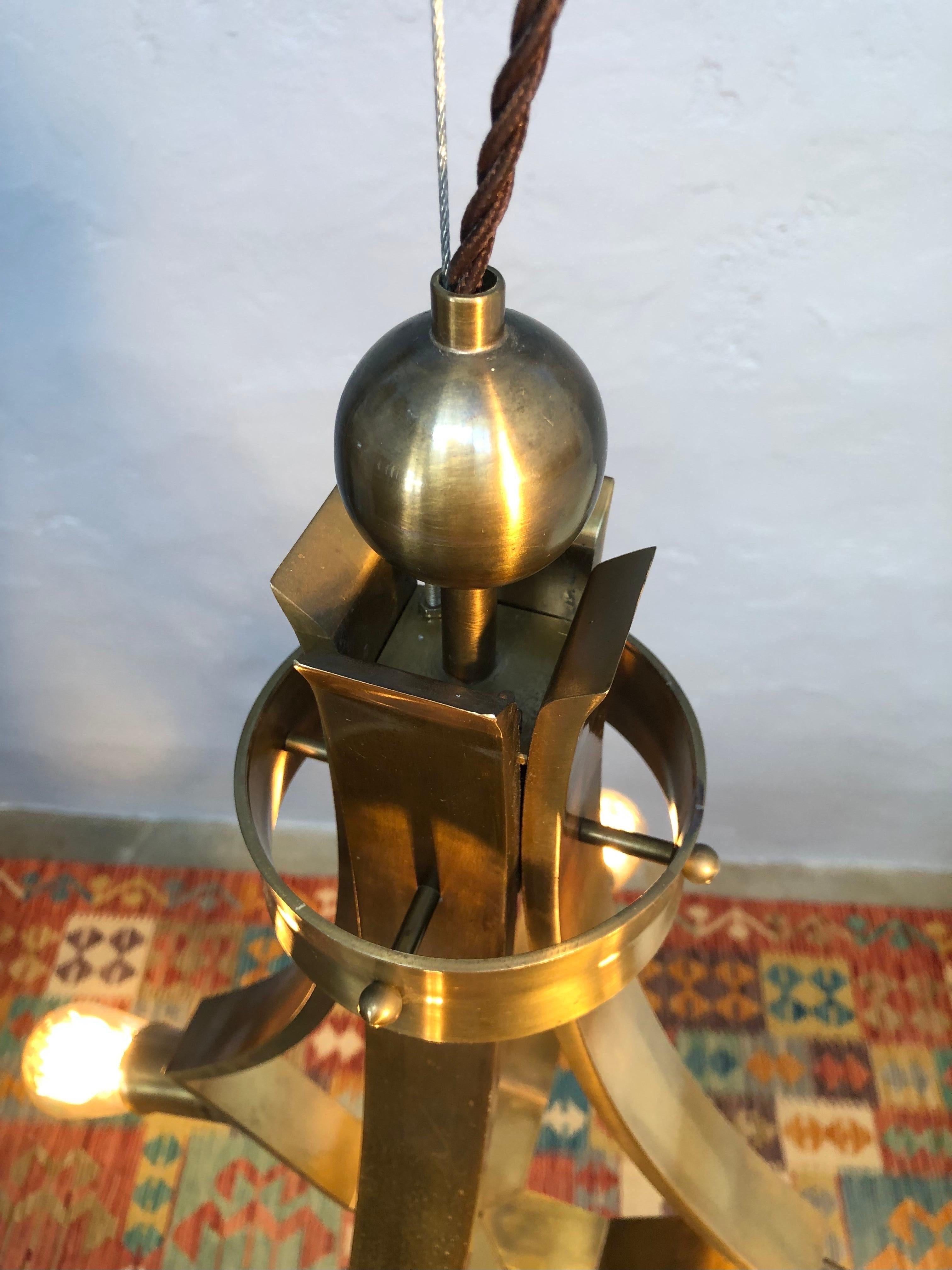 Vintage Brass Mid Century Brutalist 5 Lamp Chandelier For Sale 3