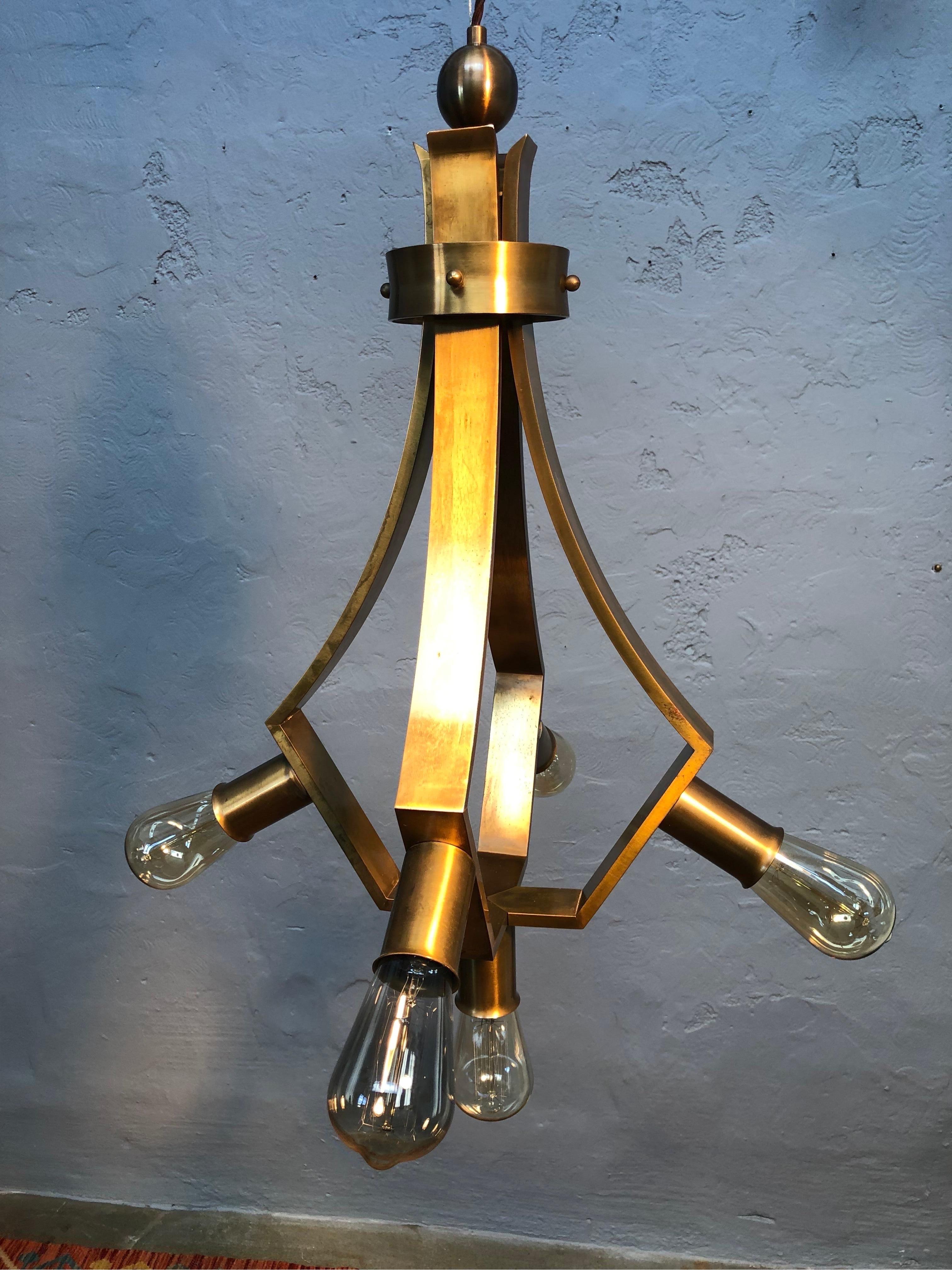 Vintage Brass Mid Century Brutalist 5 Lamp Chandelier For Sale 7