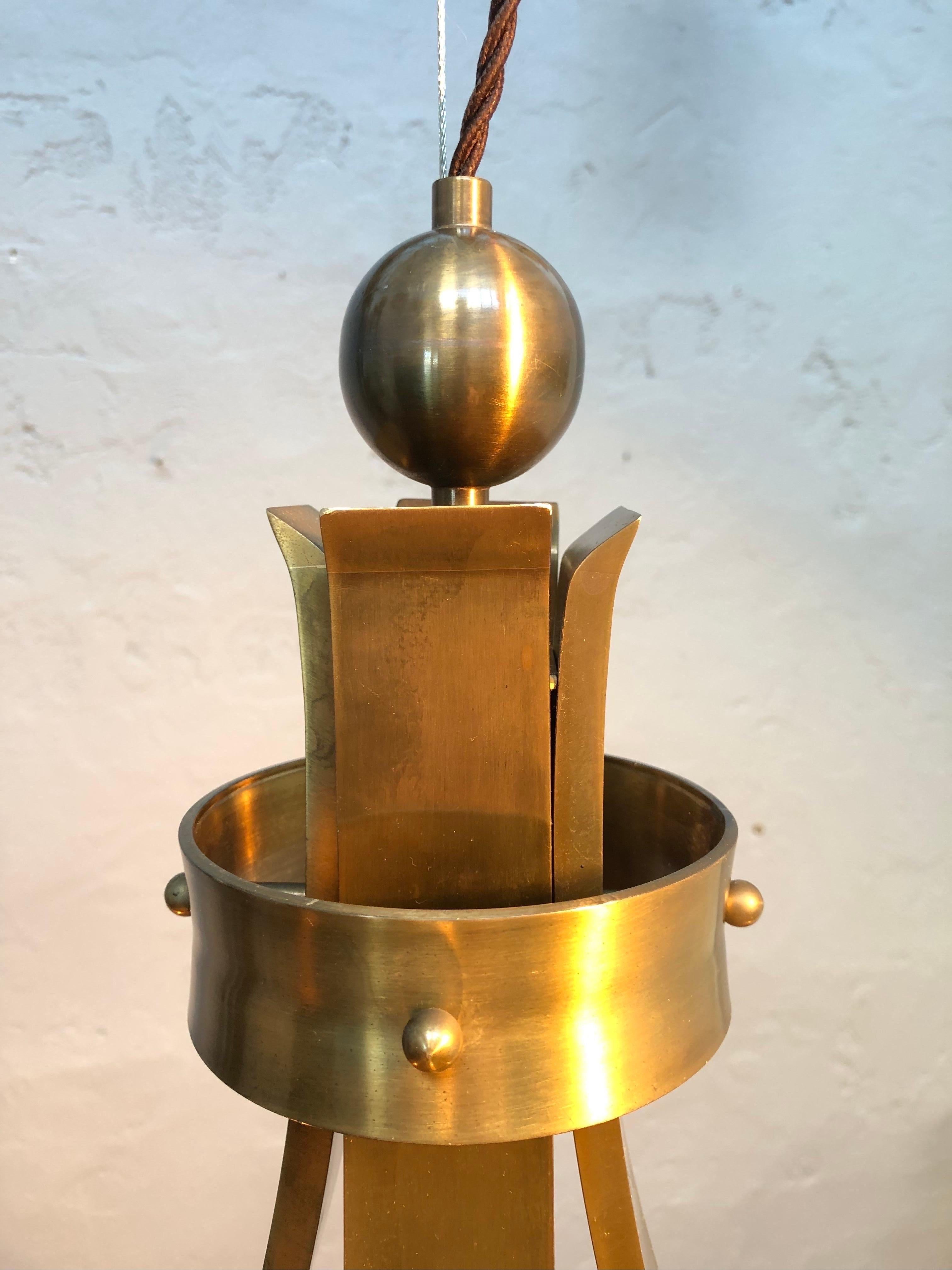 German Vintage Brass Mid Century Brutalist 5 Lamp Chandelier For Sale