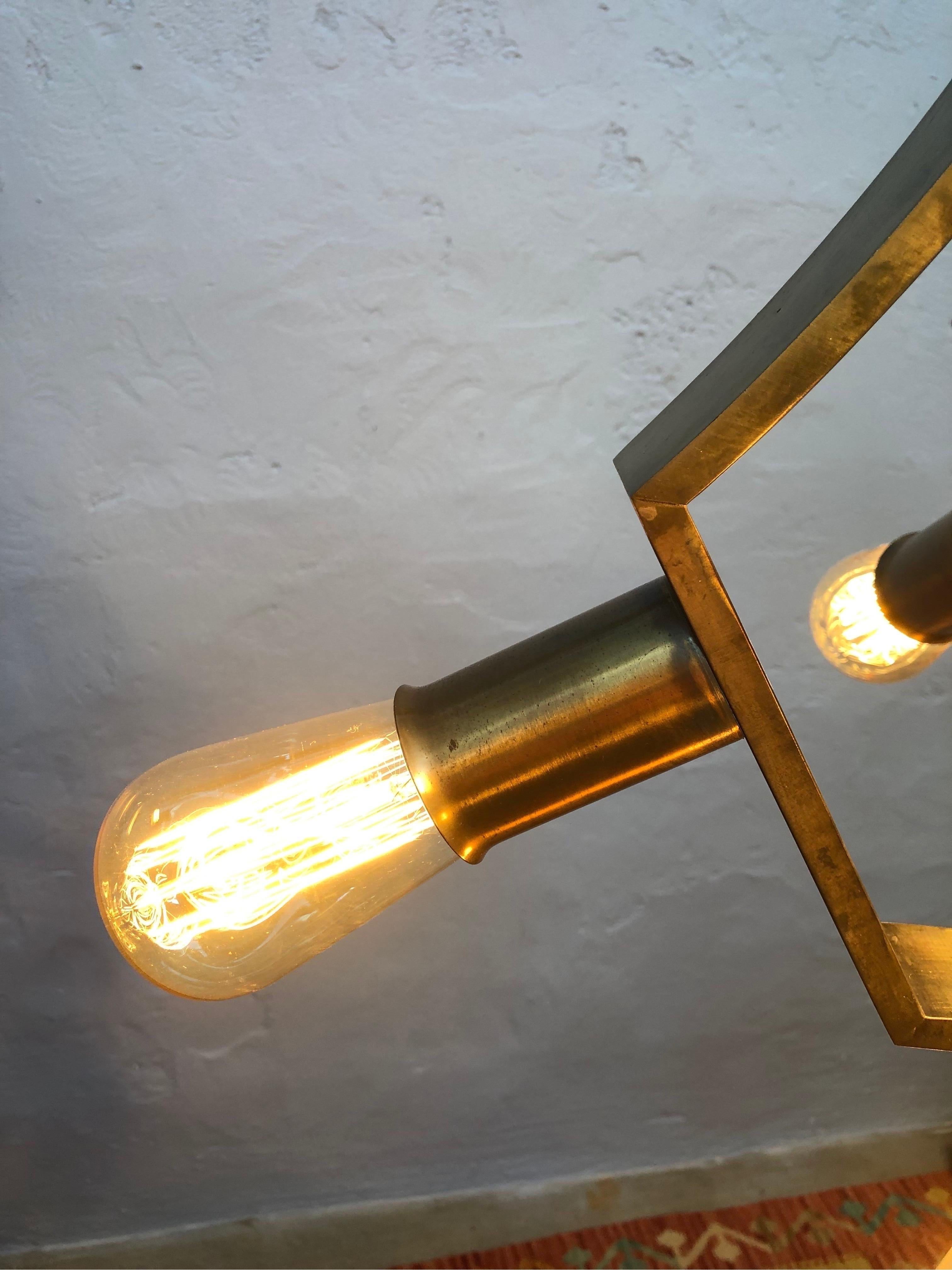 Hand-Crafted Vintage Brass Mid Century Brutalist 5 Lamp Chandelier For Sale
