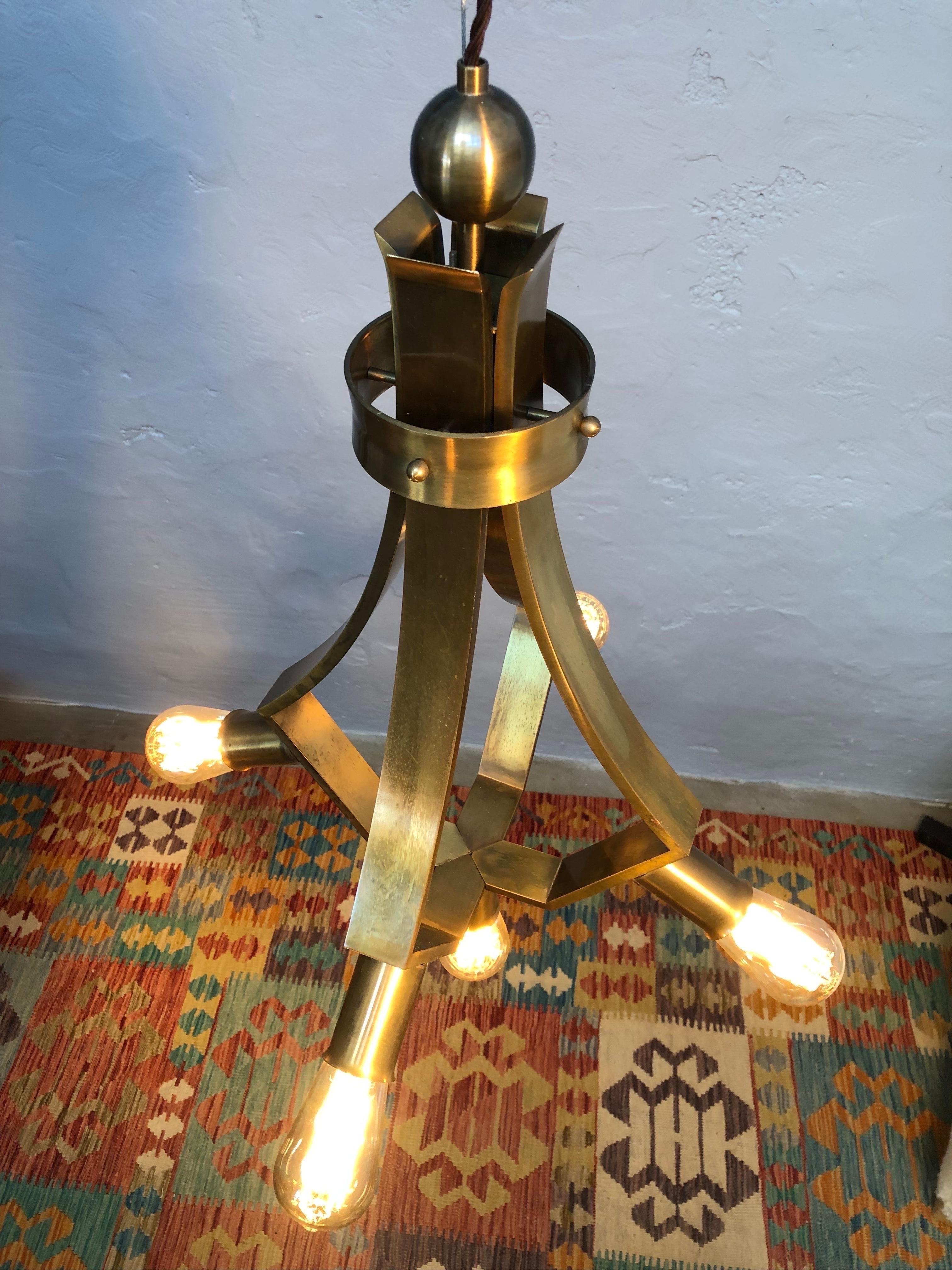 Vintage Brass Mid Century Brutalist 5 Lamp Chandelier For Sale 1