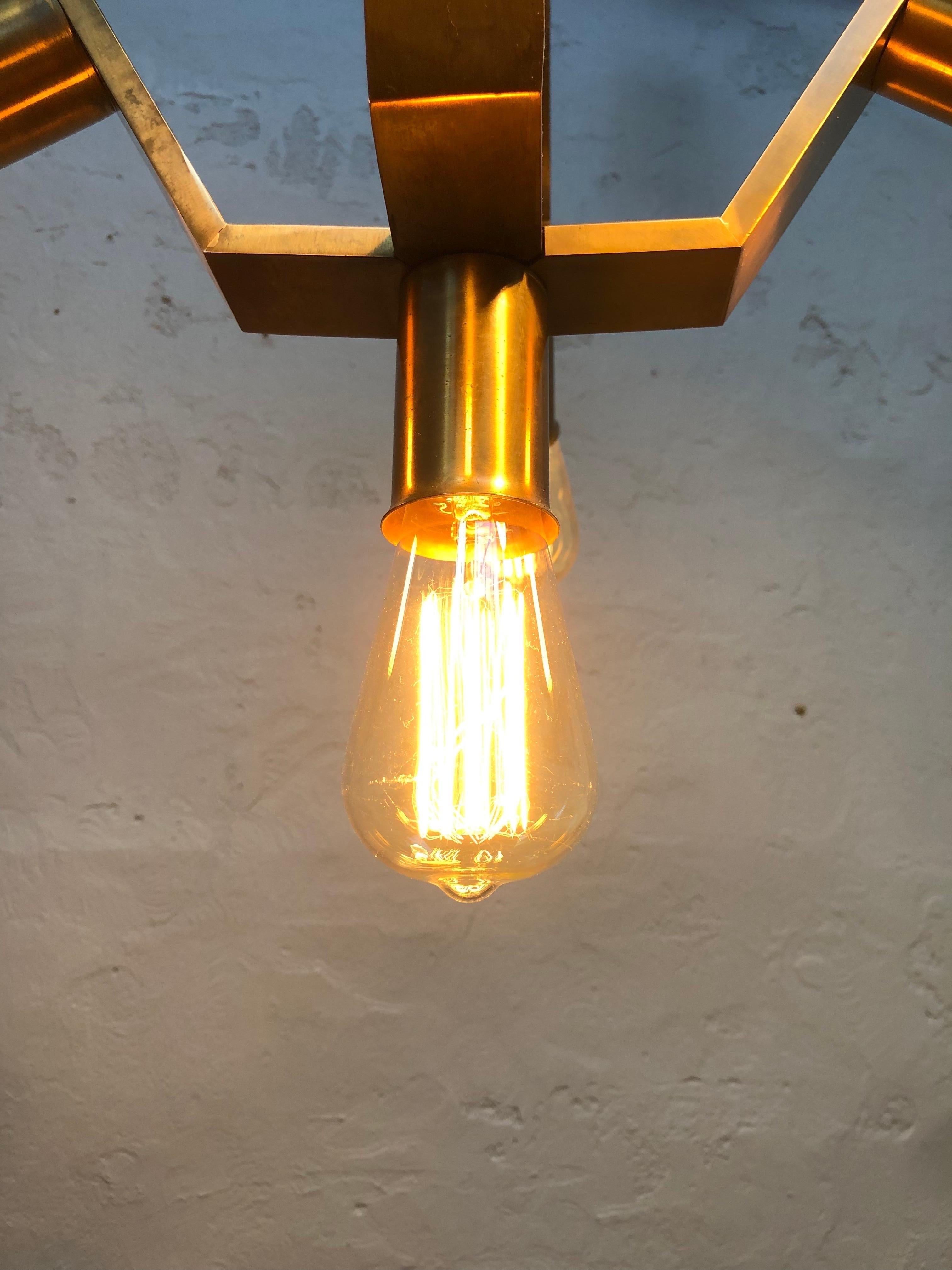 Vintage Brass Mid Century Brutalist 5 Lamp Chandelier For Sale 2