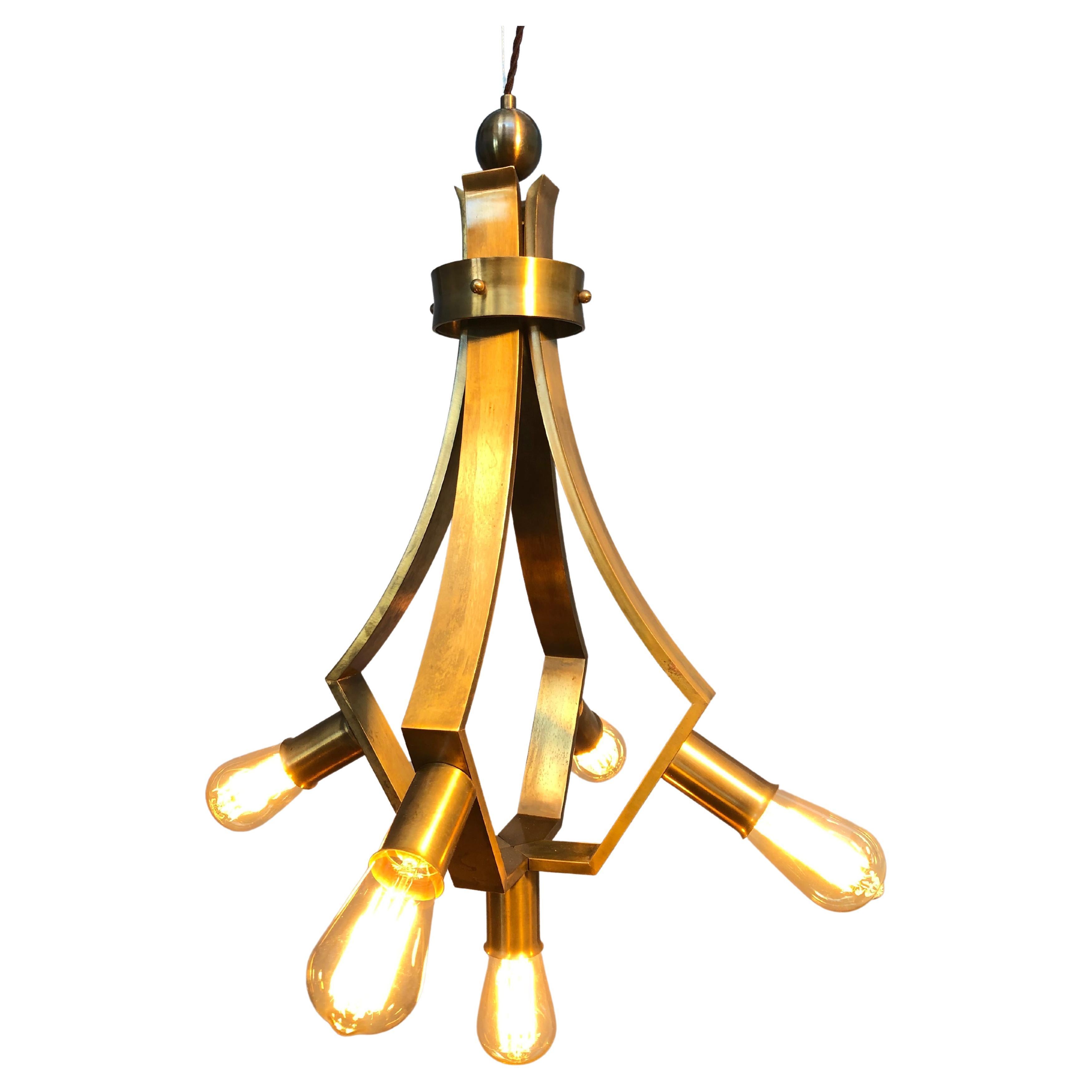 Vintage Brass Mid Century Brutalist 5 Lamp Chandelier For Sale