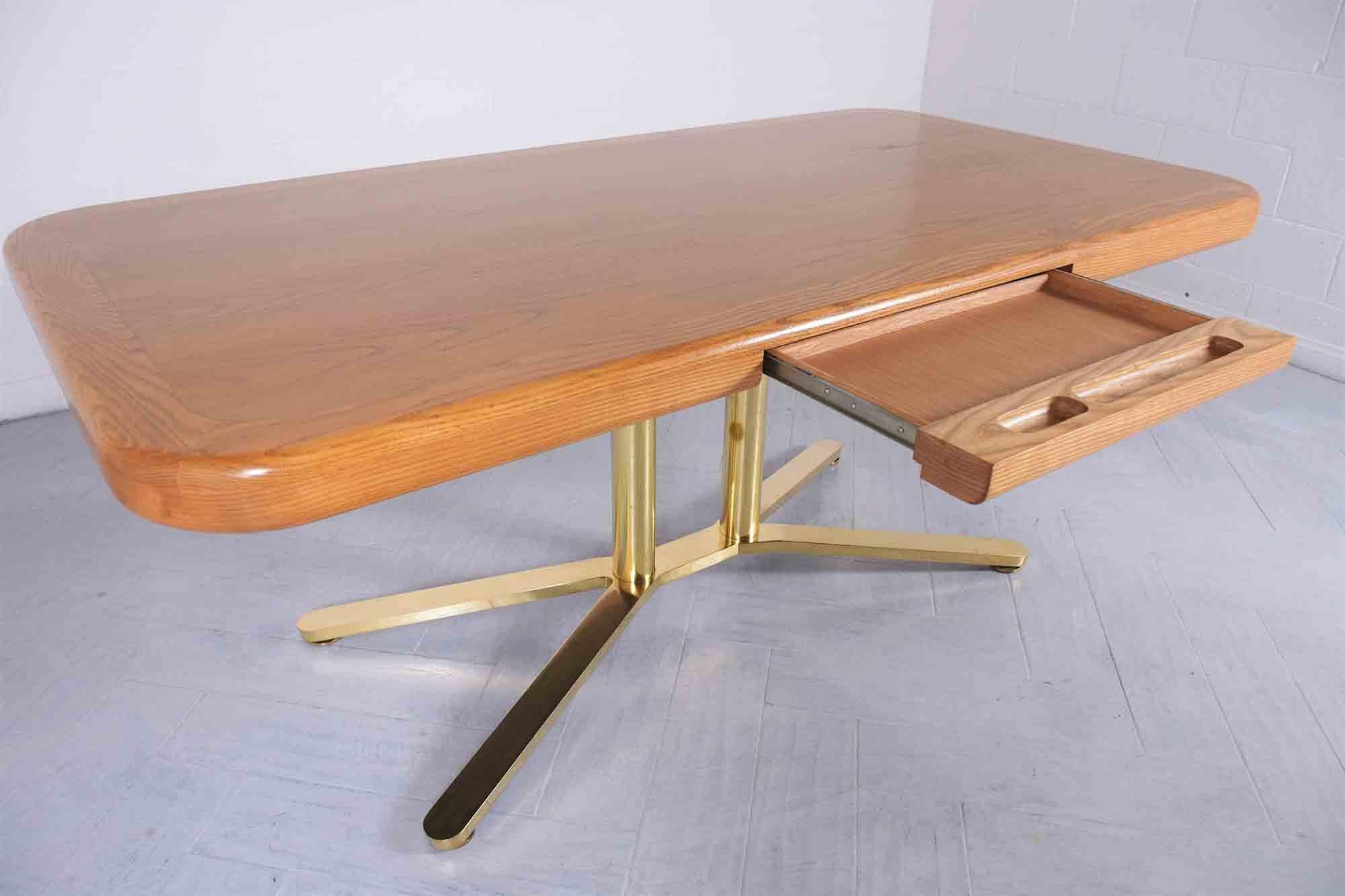 Restored 1960s Mid-Century Modern Oak and Brass Executive Desk For Sale 1