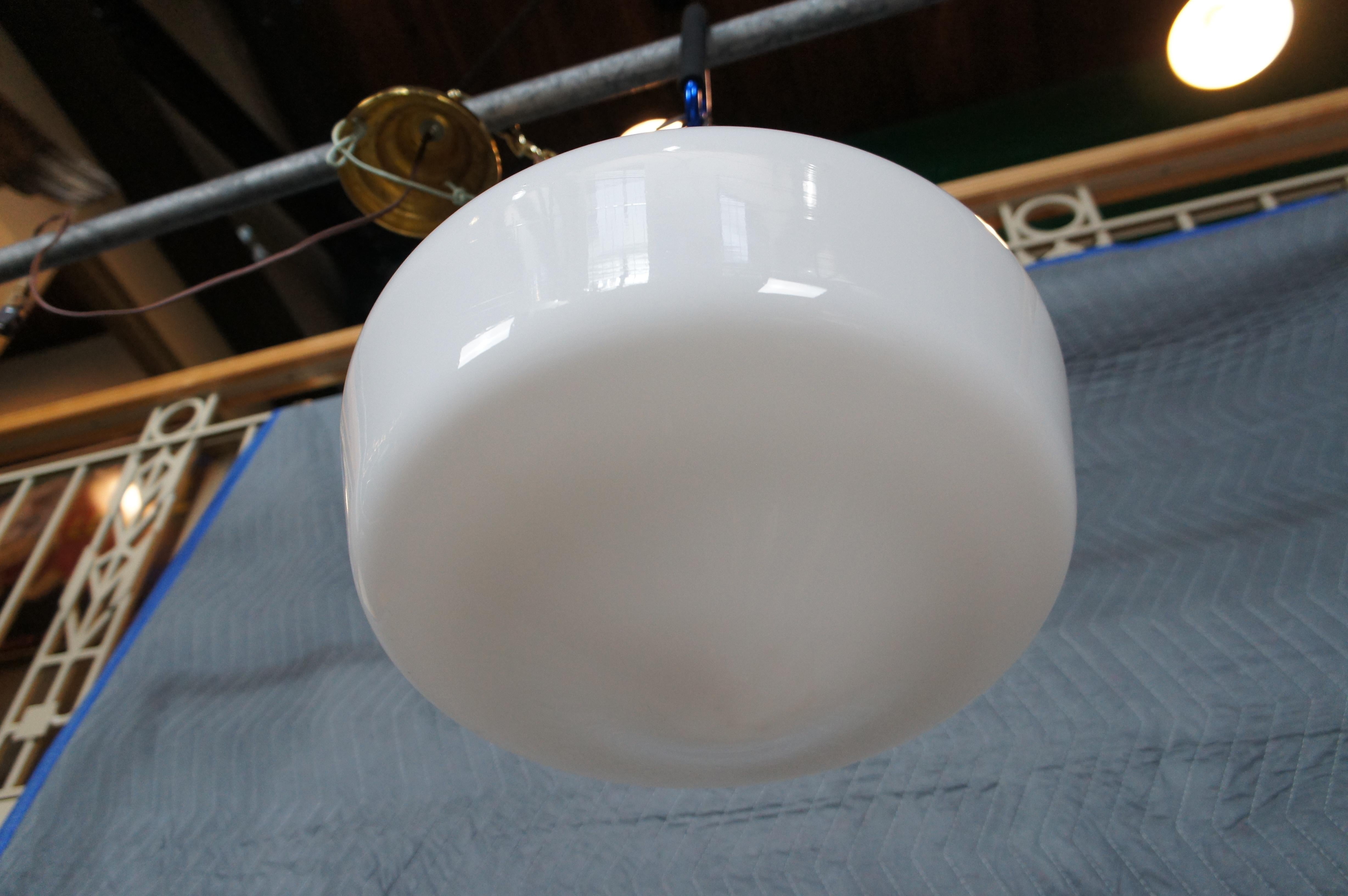 Vintage Brass Milk Glass Schoolhouse Hanging Pendant Swag Light Chandelier  In Good Condition In Dayton, OH
