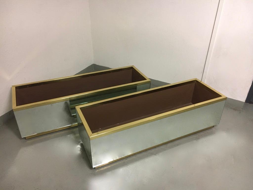 Vintage Brass & Mirror Jardinère Planter on Wheels, Italy ca. 1970s For Sale 1
