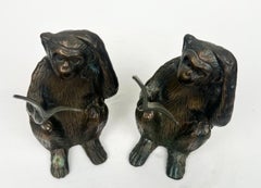Vintage Brass Monkey Reading Book Figurine & Paperweight , a Pair