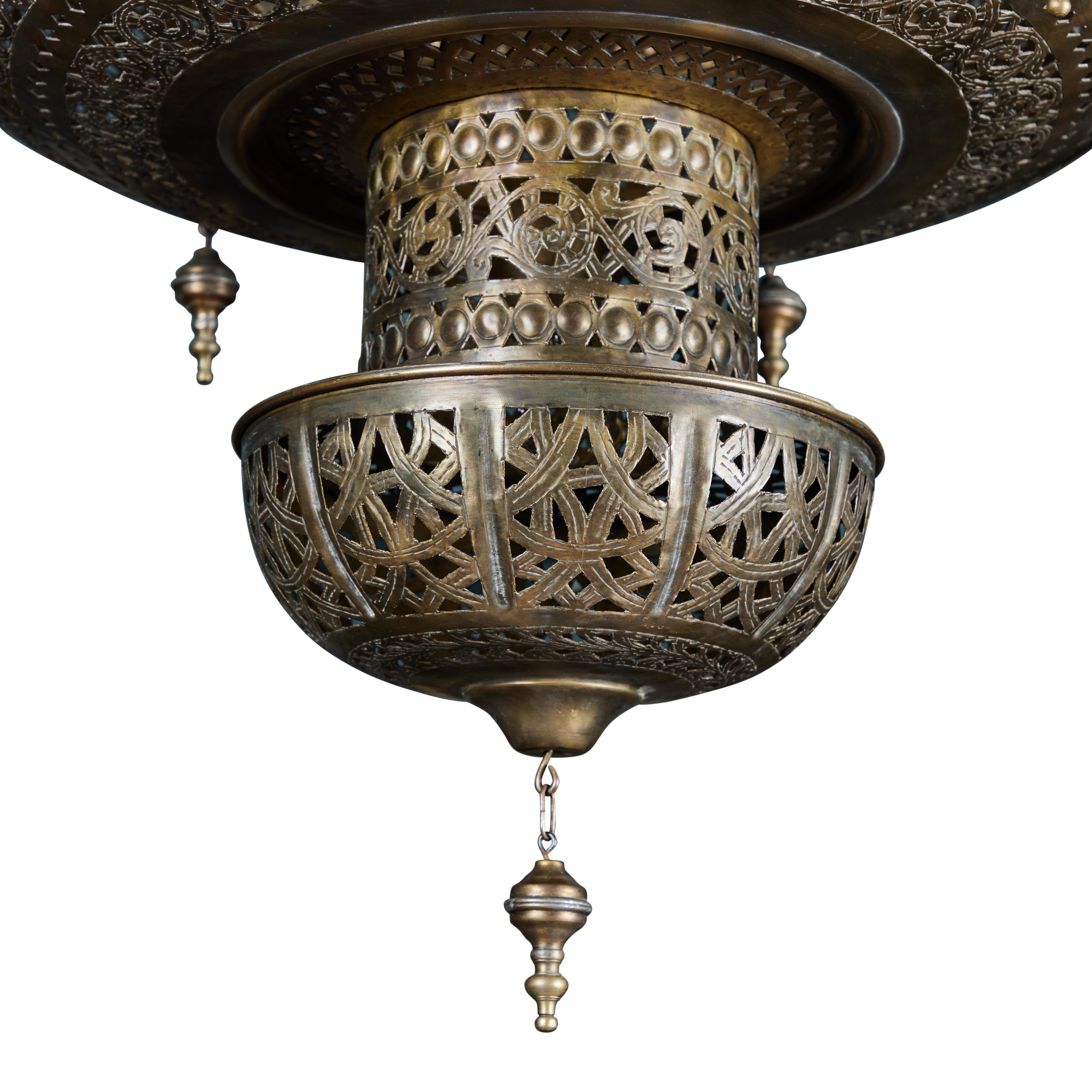 Vintage Brass Moroccan 2-Tier Pendant Light In Good Condition In Pasadena, CA