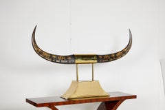 Vintage Brass Mounted Carved Water Buffalo Horns