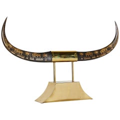 Vintage Brass Mounted Carved Water Buffalo Horns