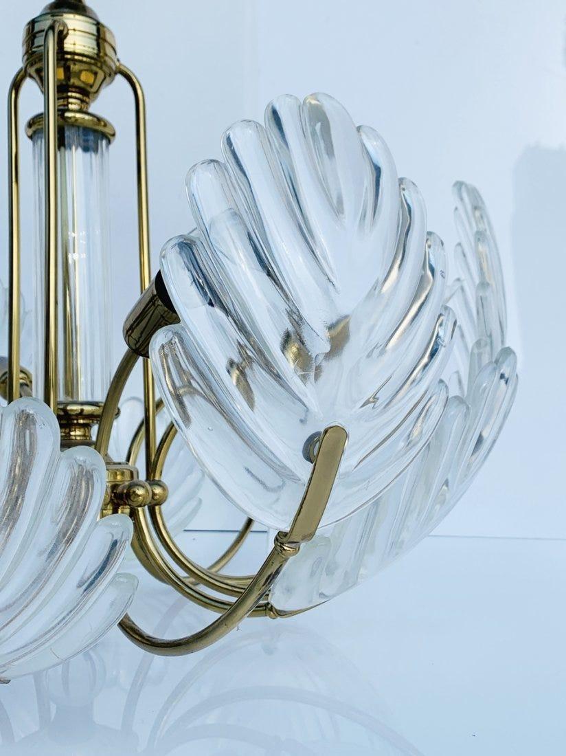 Mid-Century Modern Vintage Brass & Murano Glass Leaf Chandelier